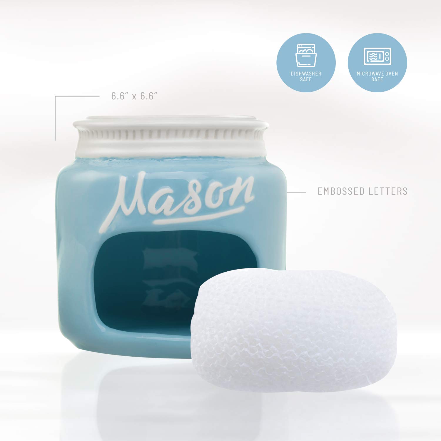 Blue Ceramic Mason Jar Sponge Holder - Farmhouse Kitchen Decor Sponge Caddy - Rustic Sink Organizer & Retro Kitchen Accessories - Perfect for Dishwashing, Bathroom Storage & Country Style Home Decor