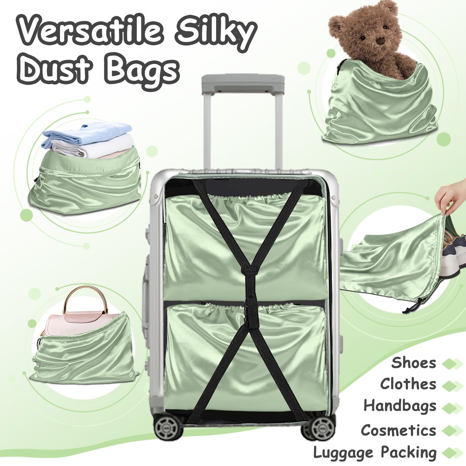 Premium 4-Pack Satin Dust Bags for Handbags & Purses - Silky Drawstring Storage Covers in Sage Green | Travel Pouch for Clothes, Shoes & Accessories | Perfect for Luxury Bag Protection, Closet Organization & Travel Storage