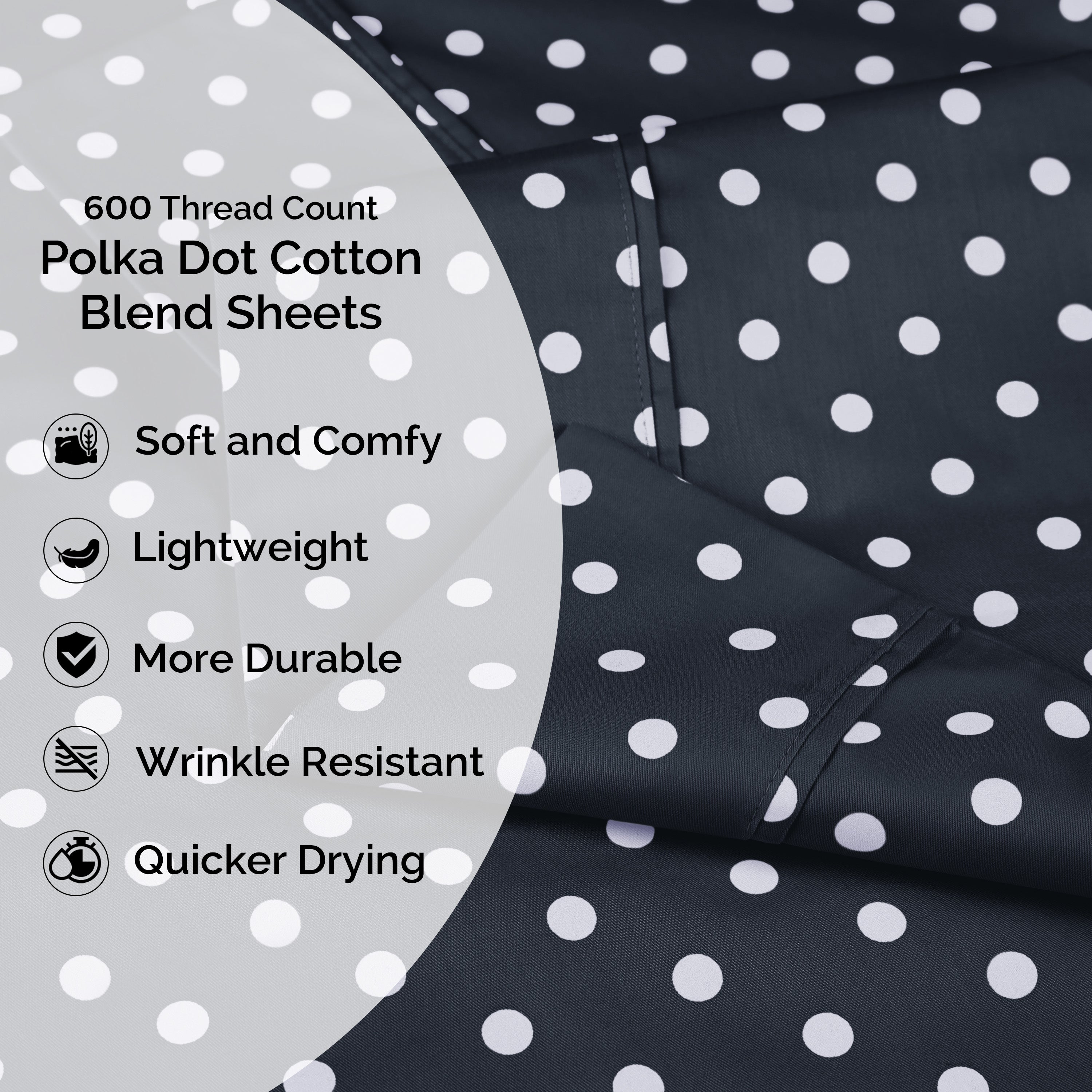 Polka Dot 600 Thread Count Cotton Blend Deep Pocket Sheet Set - Queen Size Bed Sheets for Comfortable Sleep - Perfect for Master Bedroom, Guest Room & Dorm