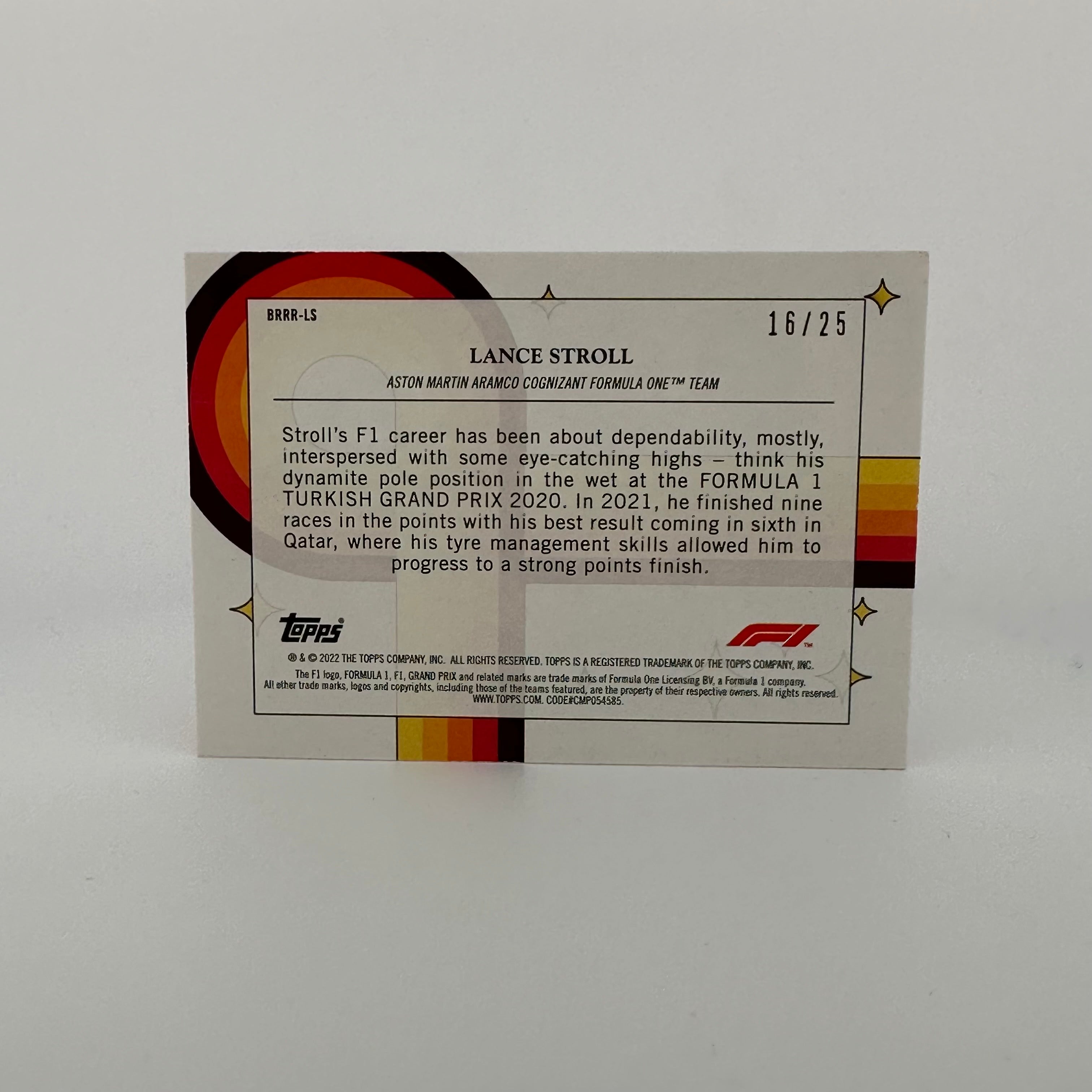 2022 Topps Formula 1 Lance Stroll Orange #16/25 Bounce Rock Race Roll - F1 Racing Collectible for Fans & Memorabilia Enthusiasts