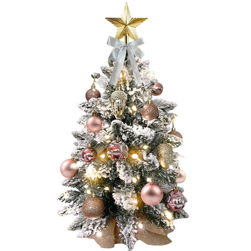 22in Flocked Snow Artificial Christmas Tree with LED Lights - Mini Red Tabletop Xmas Decor for Home, Office, Party & Holiday Decoration