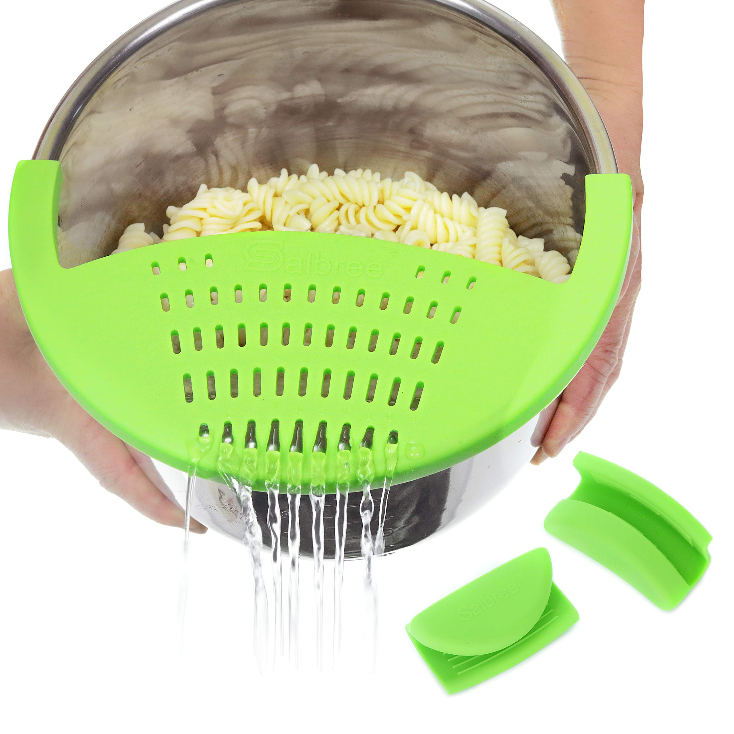 Salbree Silicone Snap Strainer for 6qt Instant Pot - Fits 6 Quart Pressure Cooker Inner Pan with Small Mitts Set - Strain Vegetables & Ground Beef Grease - Green - Perfect for Healthy Cooking & Meal Prep