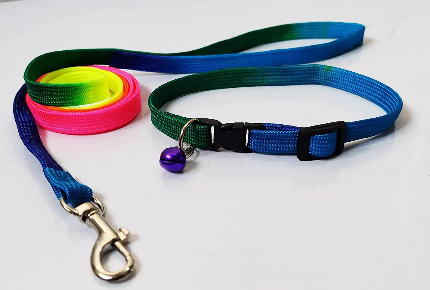**Rainbow Adjustable Dog Collar & Leash Set with Bell - for Small, Medium Dogs & Puppies (7-12 Inch Neck) - Durable Pet Accessories for Walking, Training & Outdoor Adventures**