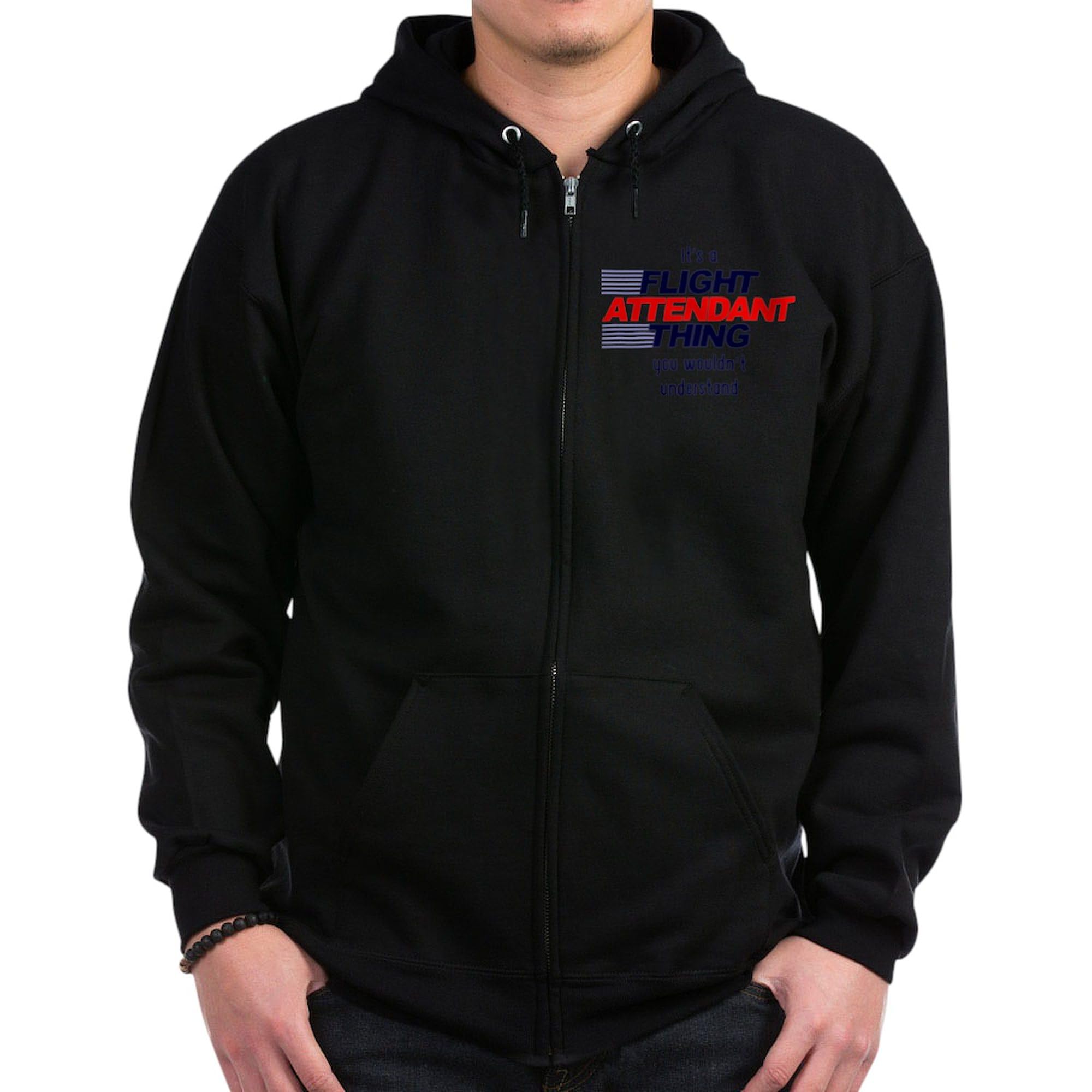 Men's Dark Zip-Up Hooded Sweatshirt - Flight Attendant Themed Pullover Jacket for Aviation Enthusiasts | Perfect for Crew Members, Travel Lovers & Casual Wear