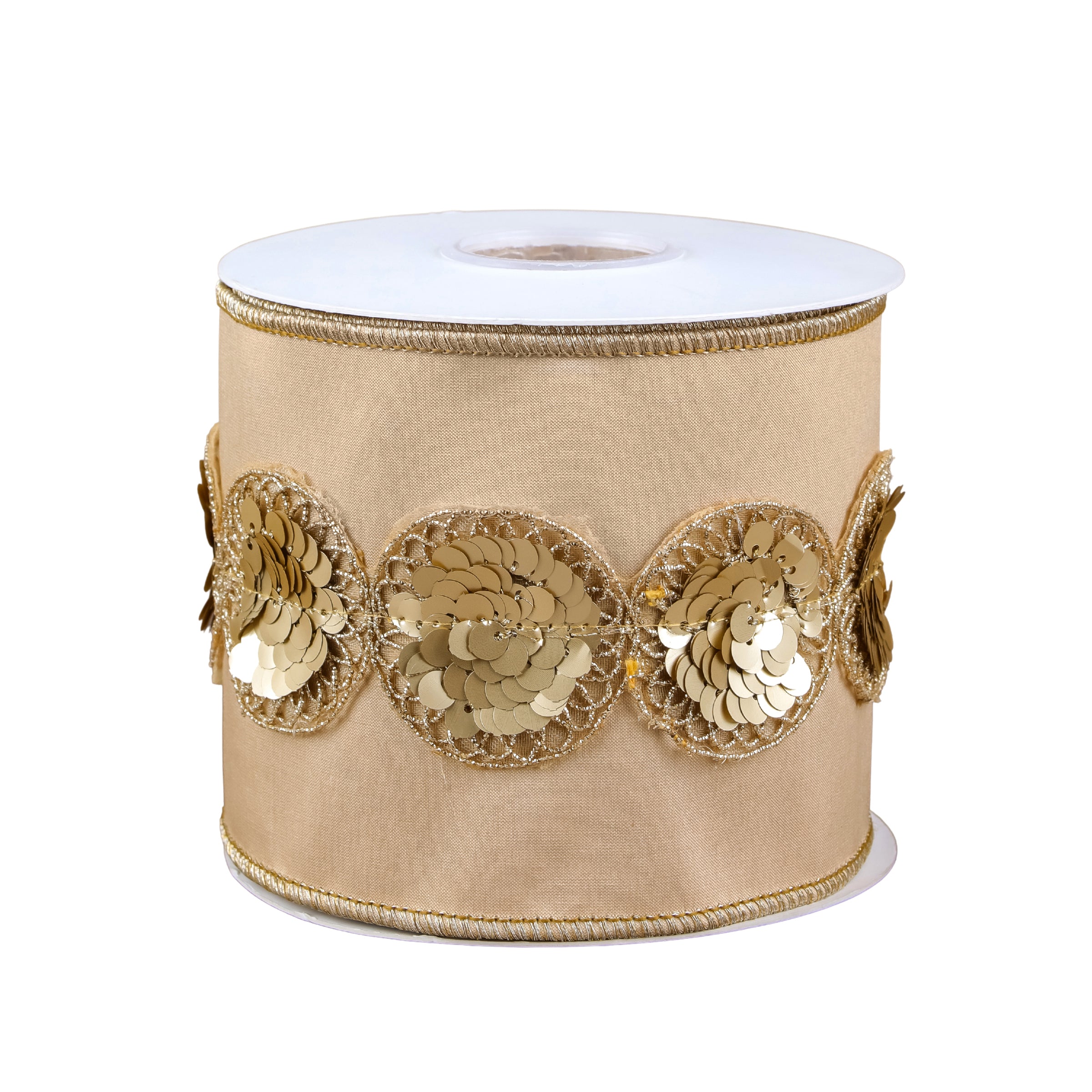 4 Inch HGTV Home Collection Sequin Beaded Taffeta Ribbon - Beige Decorative Trim for DIY Crafts, Wedding Decor, Gift Wrapping & Home Accents