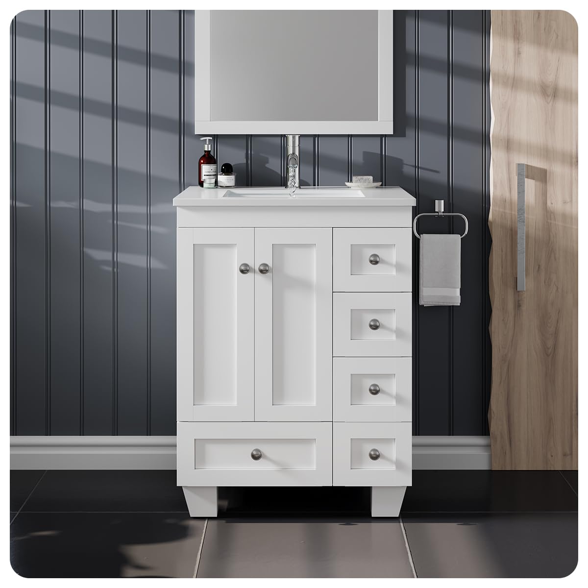 24 Inch Modern White Bathroom Vanity with Sink - Freestanding Vanity with Soft-Close Drawers & Brushed Nickel Handles - Perfect for Small Bathrooms, Powder Rooms & Apartment Remodels