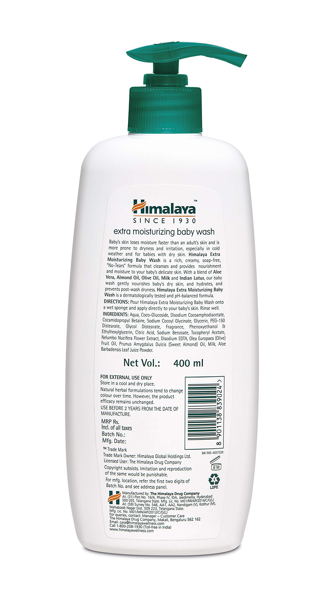 Himalaya Aloe Vera Face Wash for Hydration & Moisturizing - 200ml | Gentle Baby Wash for Sensitive Skin - 400ml | Daily Skincare & Bath Time Essentials for Adults & Kids