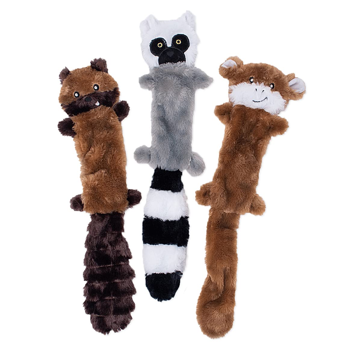 ZippyPaws Skinny Peltz No Stuffing Squeaky Dog Toys - 3 Pack Flat Plush Chew Toys for Small & Medium Dogs (Chipmunk, Lemur, Monkey) | 18
