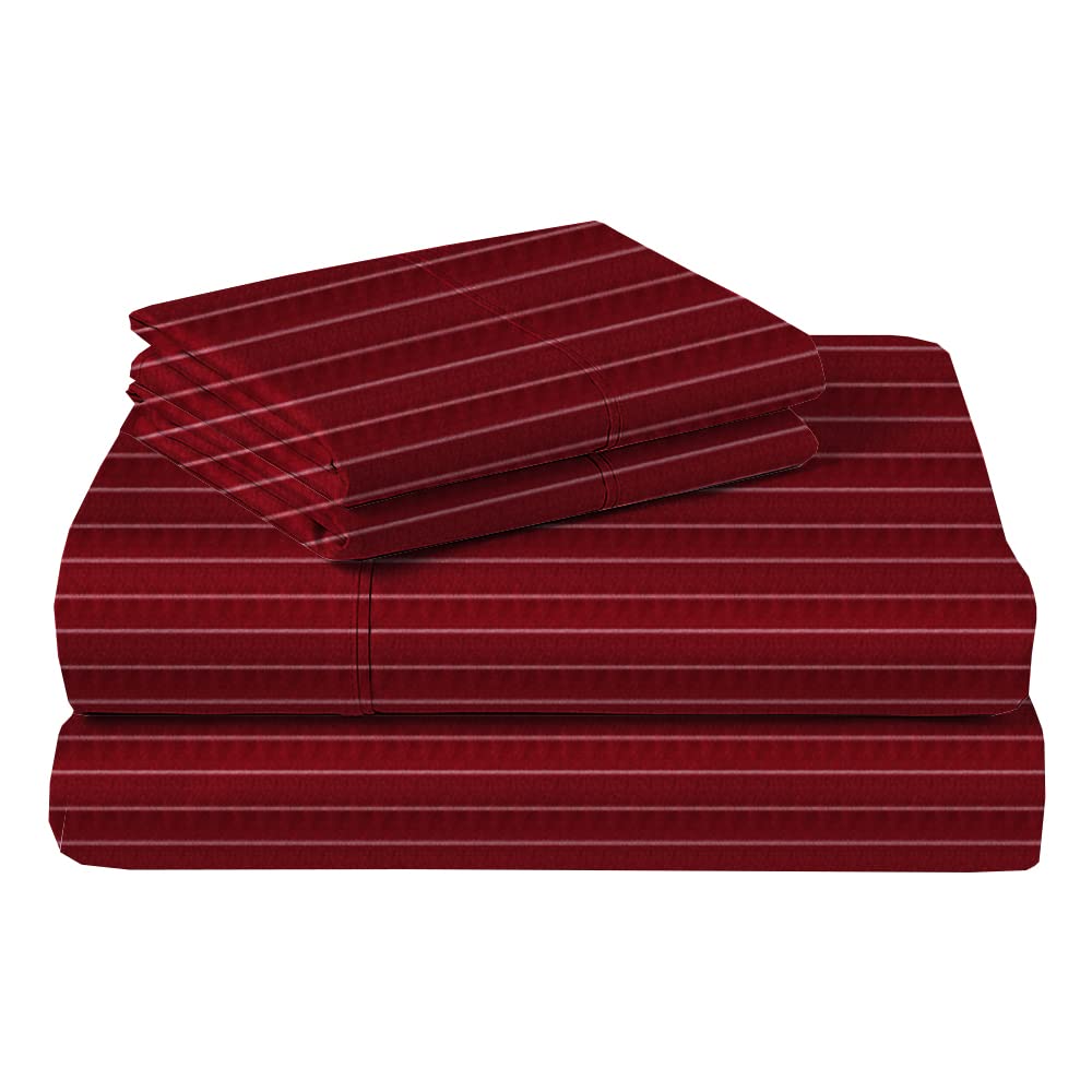 Premium 100% Cotton King Size Bed Sheets Set - Soft Breathable Pinstripe Burgundy Sheets for King Bed - Luxury Bedding for Home, Hotel & Guest Room Use