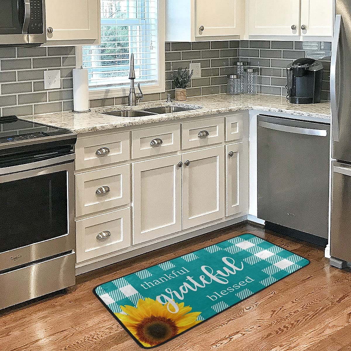 Buffalo Check Turquoise Plaid Washable Kitchen Rug - Non-Slip Anti-Fatigue Floor Mat for Sunflower Themed Kitchens | Perfect for Farmhouse Decor & High-Traffic Areas