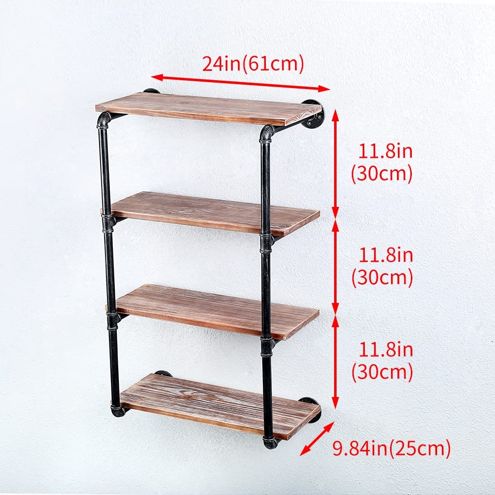Industrial Pipe Floating Shelves with Wood Shelf - 4 Tier 24 Inch Wall Mounted Metal Shelving for Books & Decor | Perfect for Living Room, Bedroom & Office Storage