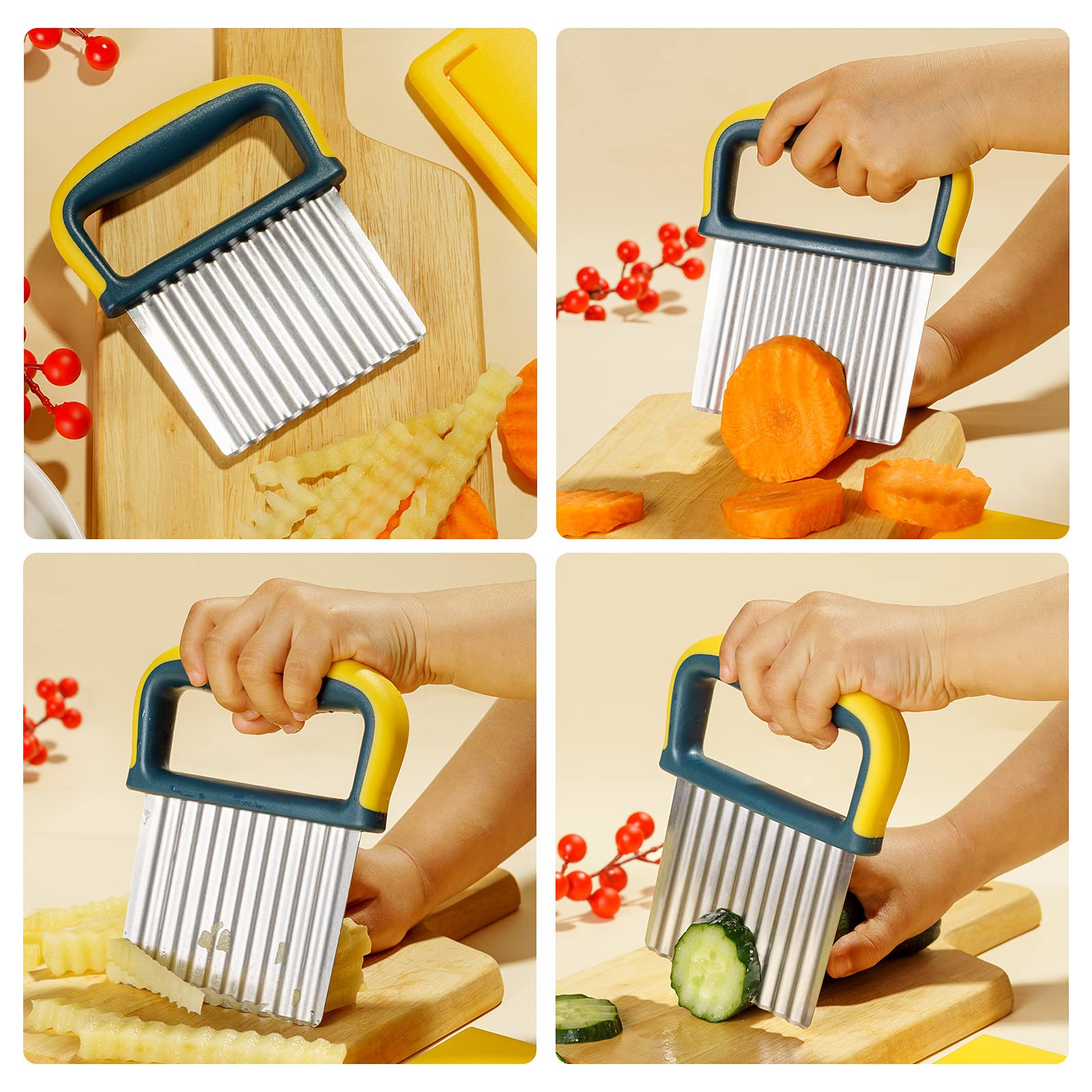 Stainless Steel Crinkle Cutter Knife for Potatoes, Carrots & Vegetables - Perfect for Making Crinkle Fries, Chips & Salad Garnish (Yellow)