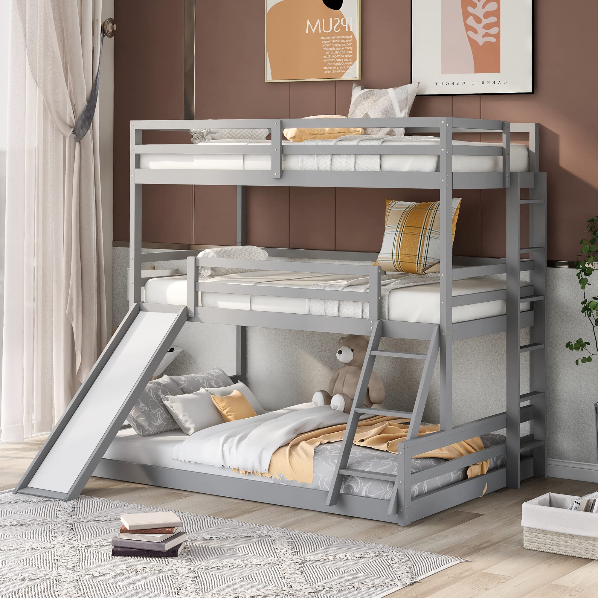 Triple Bunk Bed with Slide - Wood Twin Over Twin Over Full Bunk Bed Frame with Full-Length Guardrails & 2 Ladders - Convertible to 3 Separate Beds - No Box Spring Needed (Grey) - Perfect for Kids' Bedrooms, Vacation Homes & Space-Saving Solutions