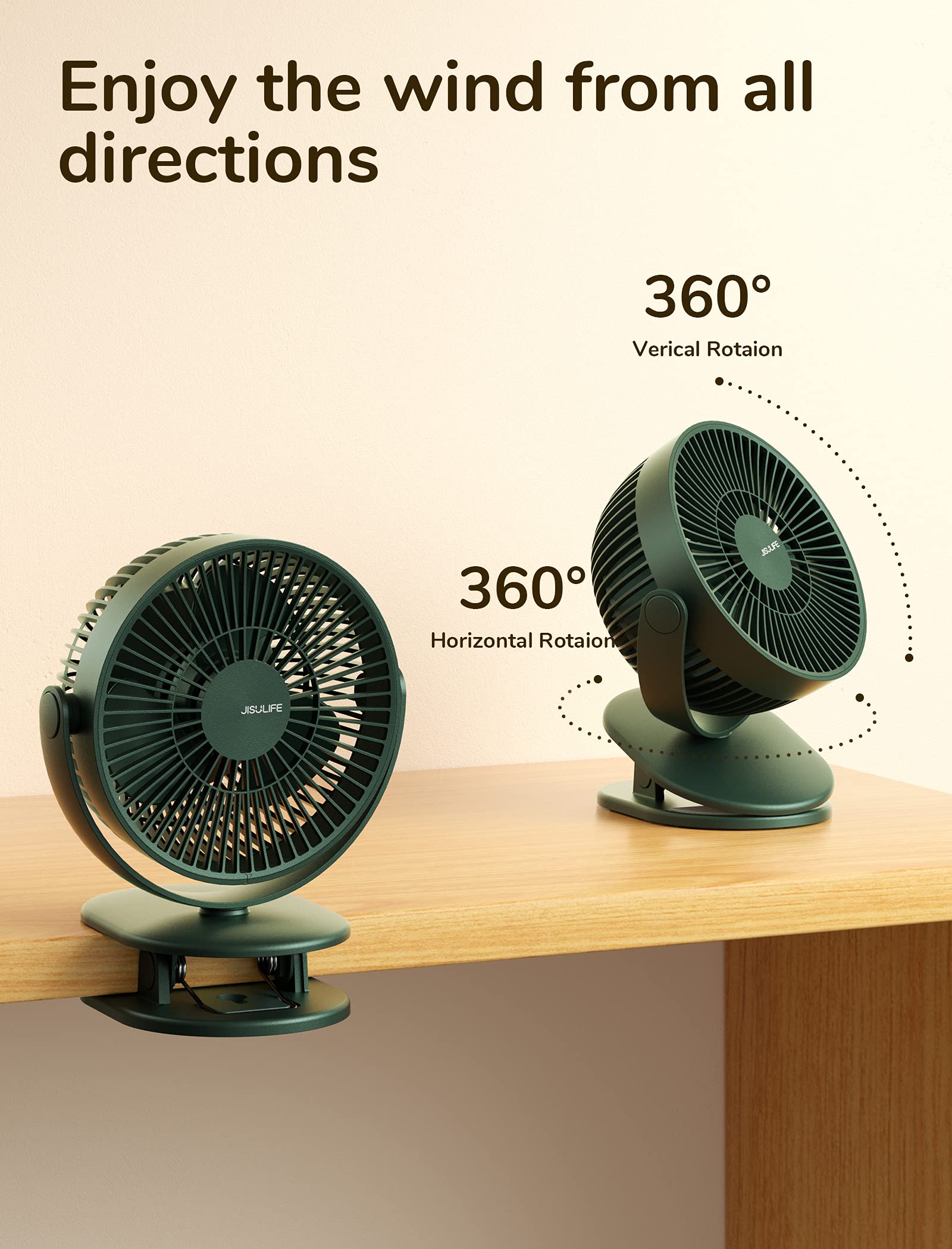 JISULIFE Clip on Baby Stroller Fan with 4000mAh Battery - Portable Personal Small Fan, Quiet & Narrow Slot Design, 4 Speed Settings, Up to 14 Hours Runtime - Perfect for Strollers, Beds, Desks, and Car Seats (Dark Green)