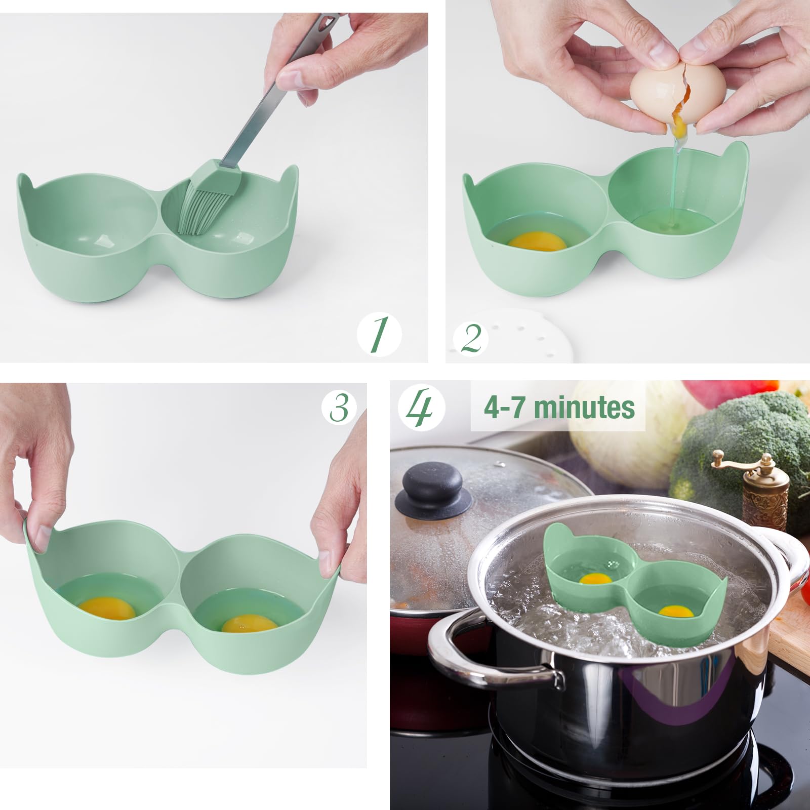 2-Pack Silicone Microwave Egg Poacher Cooker with Lid & Handle - Dishwasher Safe, BPA-Free, Stovetop & Microwave Compatible, Includes Basting Brush & Spatula (Green) - Perfect for Breakfast Meal Prep, Camping & Quick Cooking