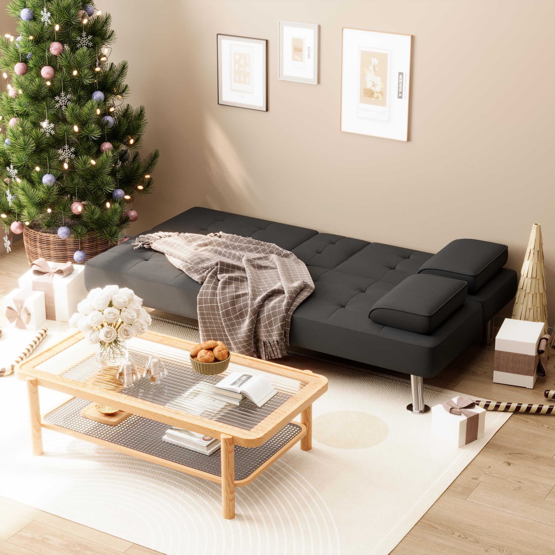 Modern Convertible Folding Futon Sofa Bed with Removable Armrests & Cup Holders - Linen Upholstered, Metal Legs - Space Saving Sleeper for Small Apartments, Guest Rooms & Living Rooms (Deep Black)