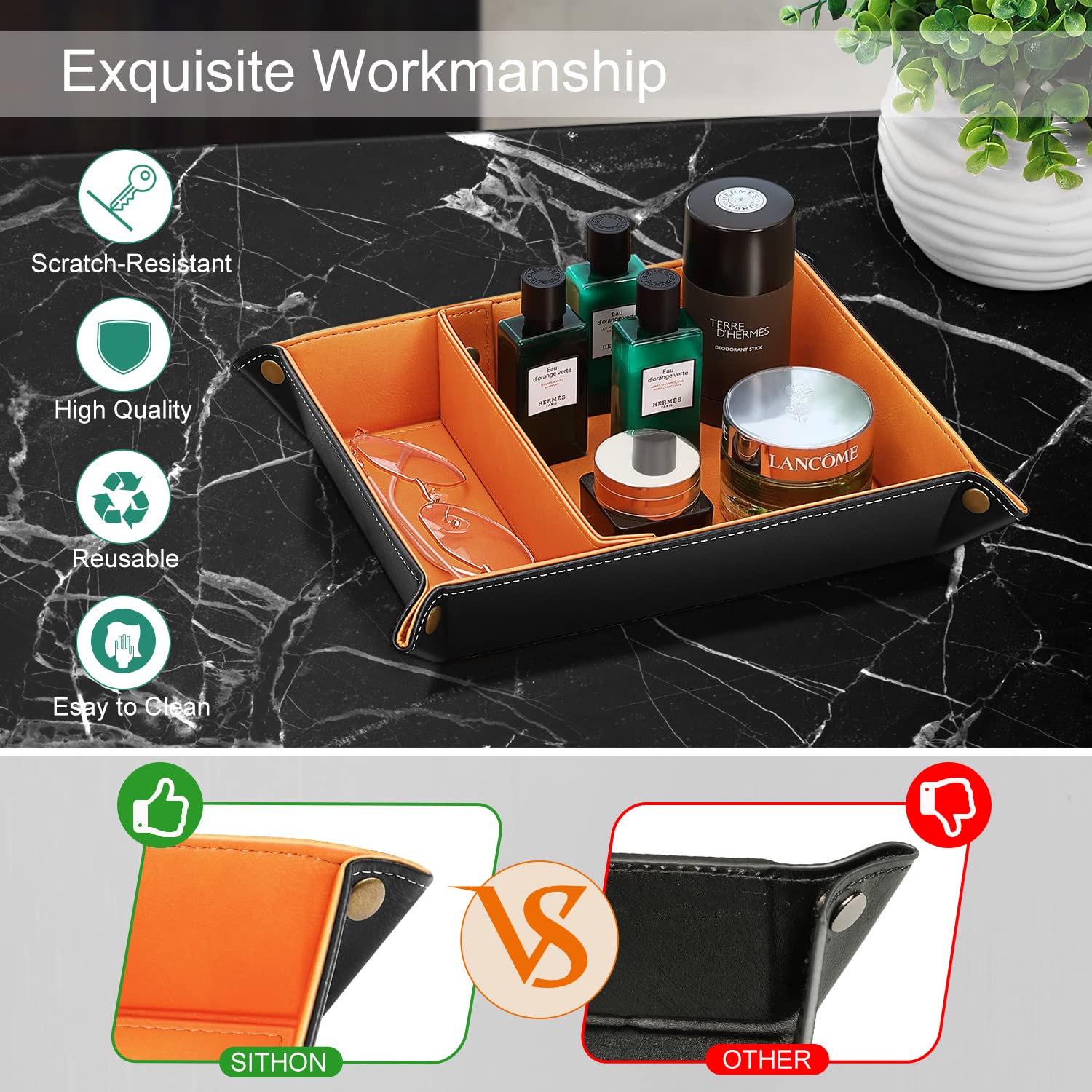 SITHON Valet Tray with Removable 2 Compartments - Orange Desktop Organizer for Jewelry, Keys & Essentials | Bedside, Vanity & Nightstand Storage Solution | Perfect for Home Office & Dresser Organization