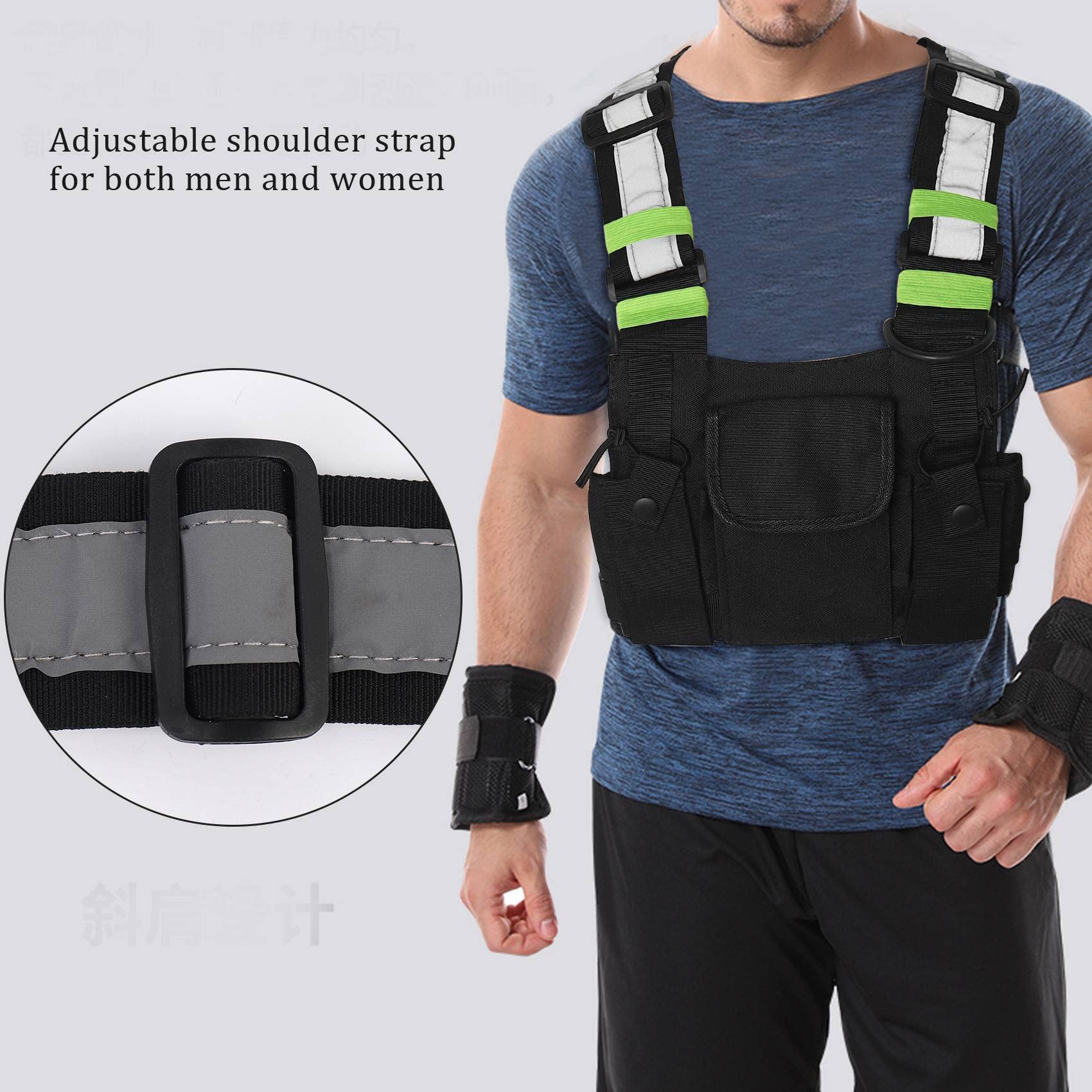 **OSHLANT Chest Harness Vest for Two-Way Radios - Secure & Adjustable Walkie Talkie Holster with Front Pocket - Compatible with Baofeng UV-5R (Black & Green) - Ideal for Hiking, Construction & Outdoor Adventures**