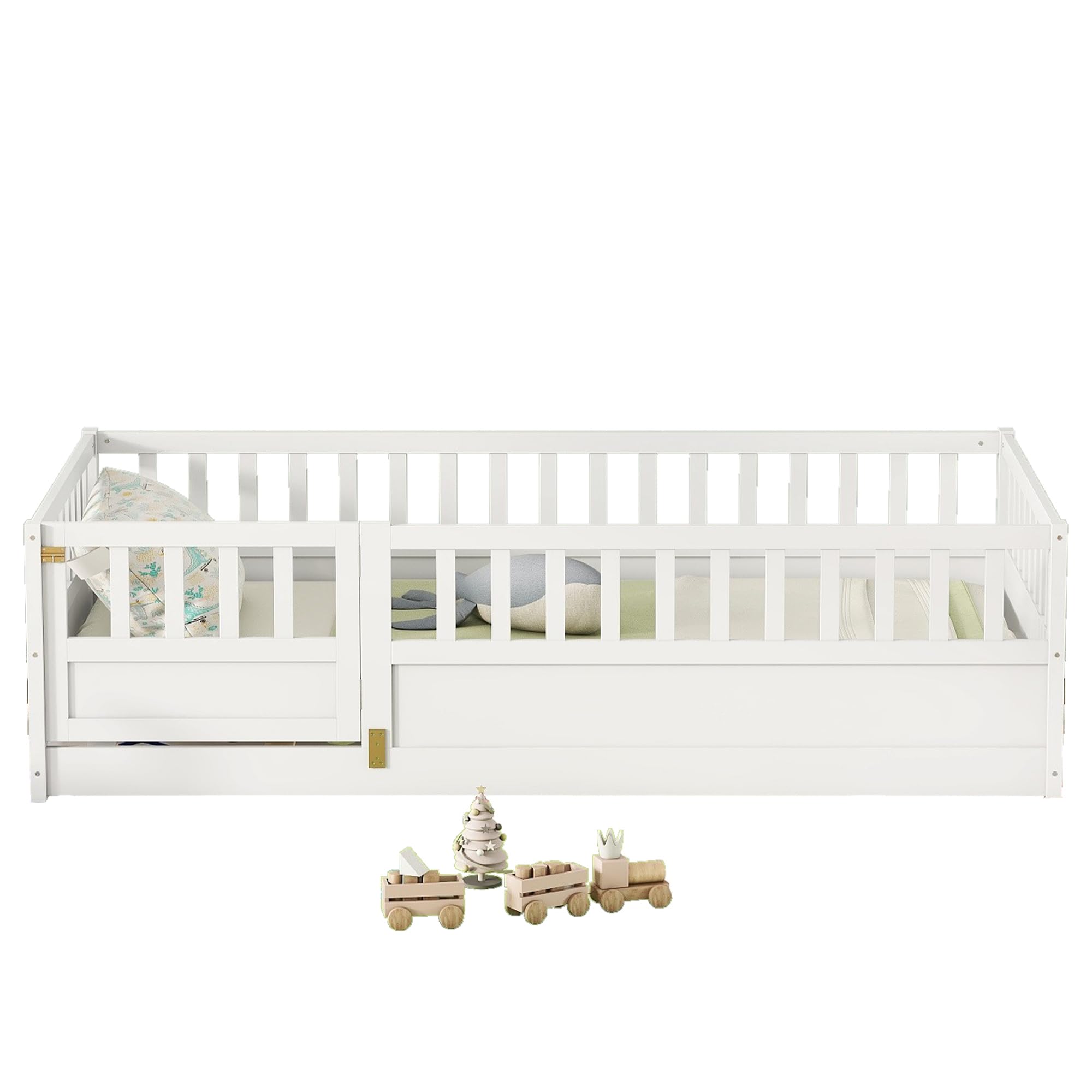 Montessori Twin Floor Bed with High Safety Rails & Door Design - Solid Wood Kids Bed Frame with Slats for Boys & Girls - White - Perfect for Toddler Rooms & Montessori Bedrooms