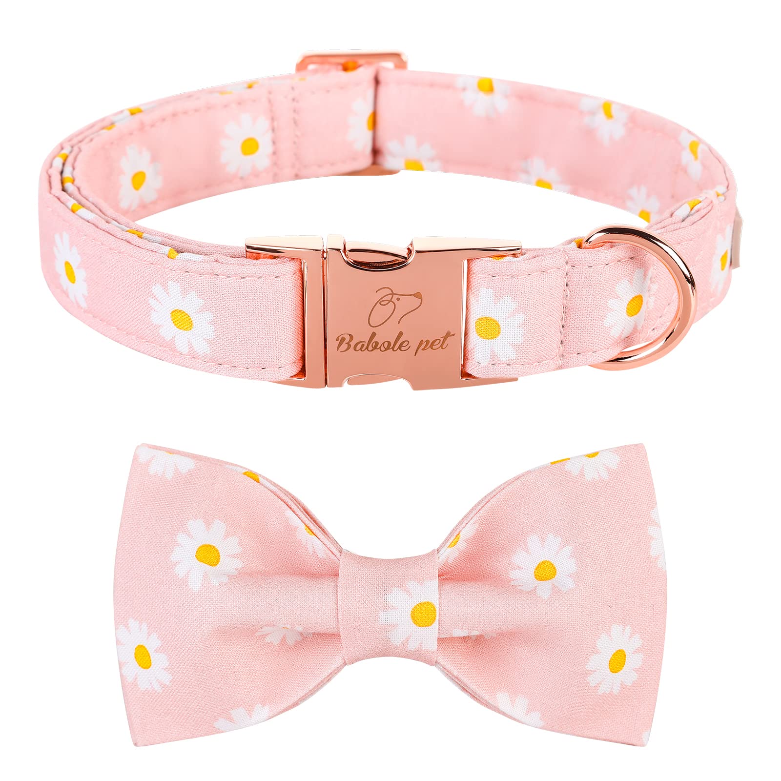 **Pink Daisy Bow Tie Dog Collar - Adjustable Cotton Puppy Collar with Safety Metal Buckle for Small, Medium & Large Dogs (13.5