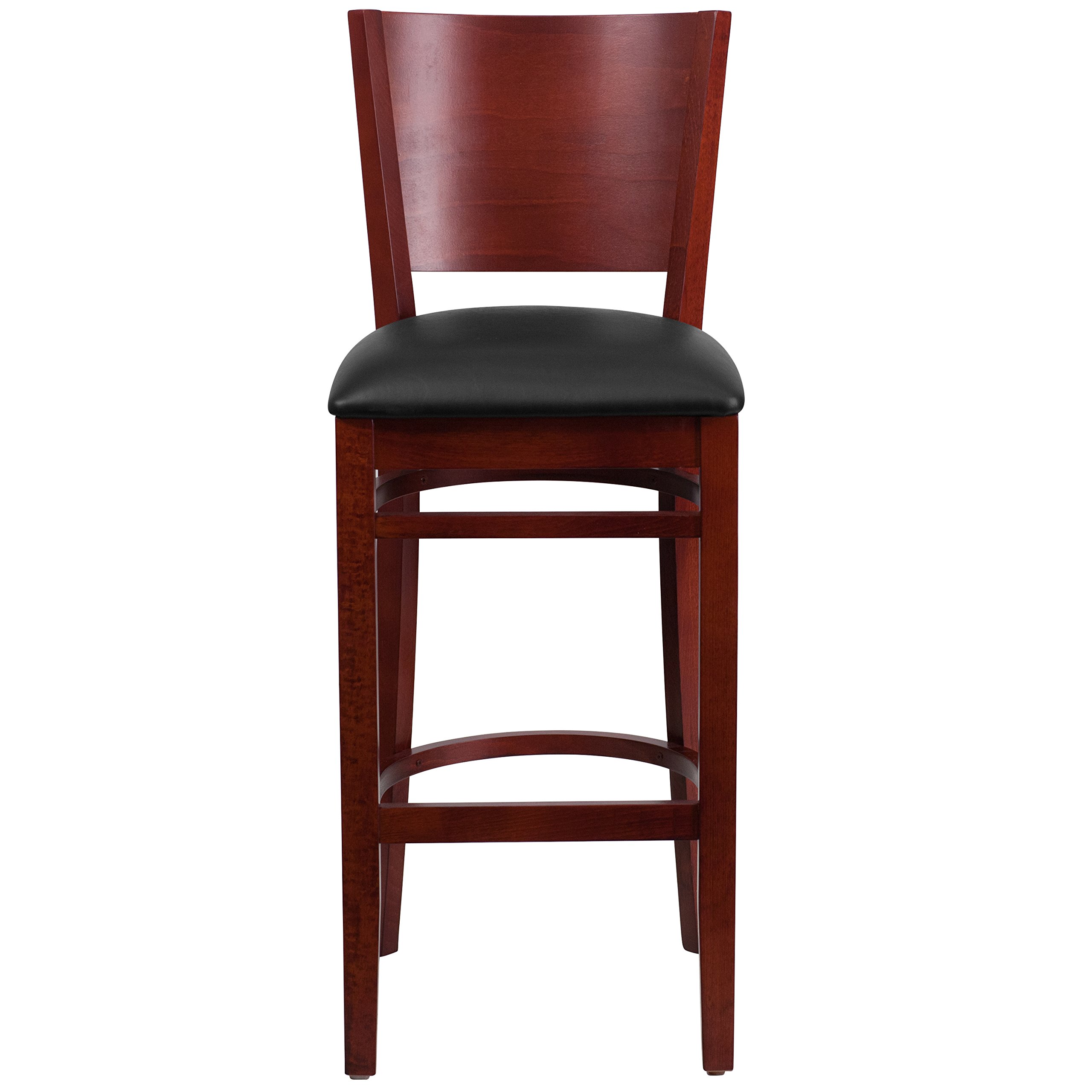 Solid Mahogany Wood Barstool with Black Vinyl Seat - Durable Bar Stool for Kitchen Island, Home Bar & Restaurant Use
