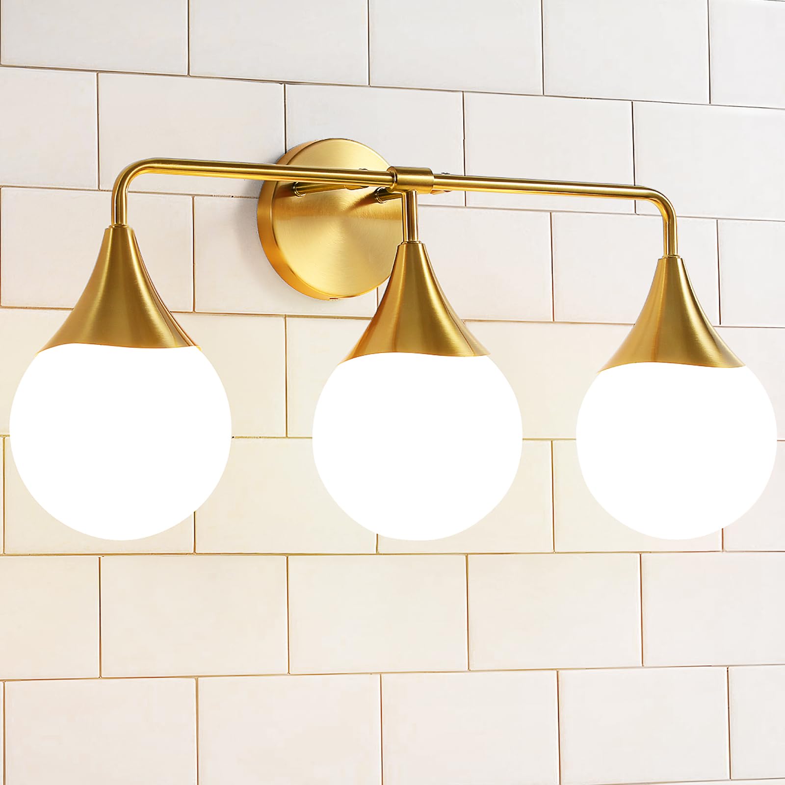 Mid Century Modern Bathroom Vanity Light Fixtures - 3-Light Brass Gold Wall Sconce with Milky White Globe Glass for Mirror Lighting | Perfect for Bathroom, Living Room & Bedroom Décor
