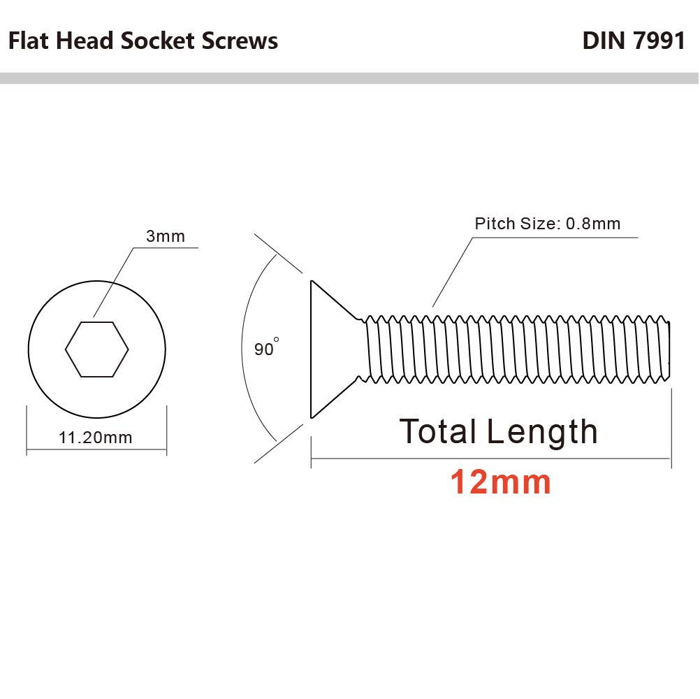 M5-0.8x12mm Flat Head Socket Screws, Grade 10.9 Alloy Steel, DIN 7991, 100pcs - for Furniture & Machinery Assembly