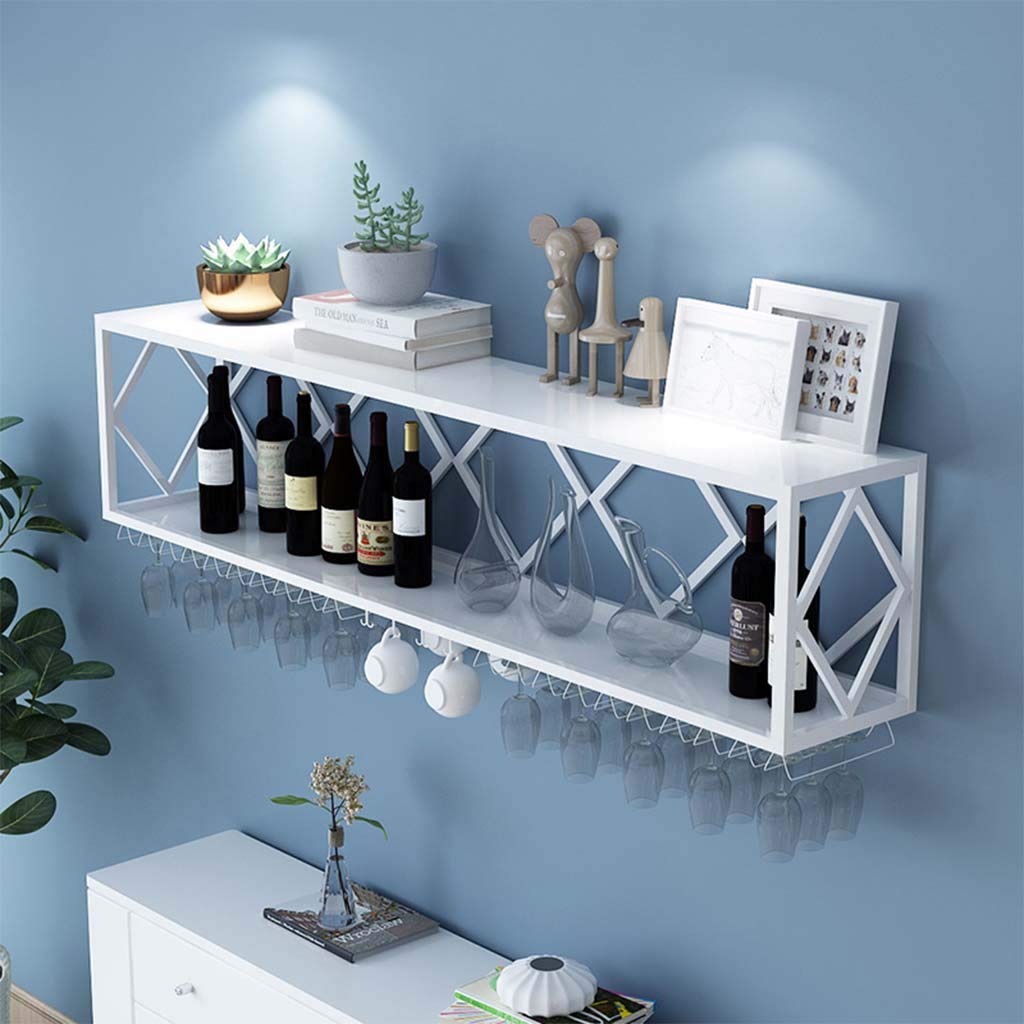 Wall-Mounted Floating Bar Shelves with Inverted Wine Glass Rack - Multifunctional Iron Bottle Holder & Hanging Goblet Storage with Partitions for Kitchen, Dining Room or Home Bar Organization