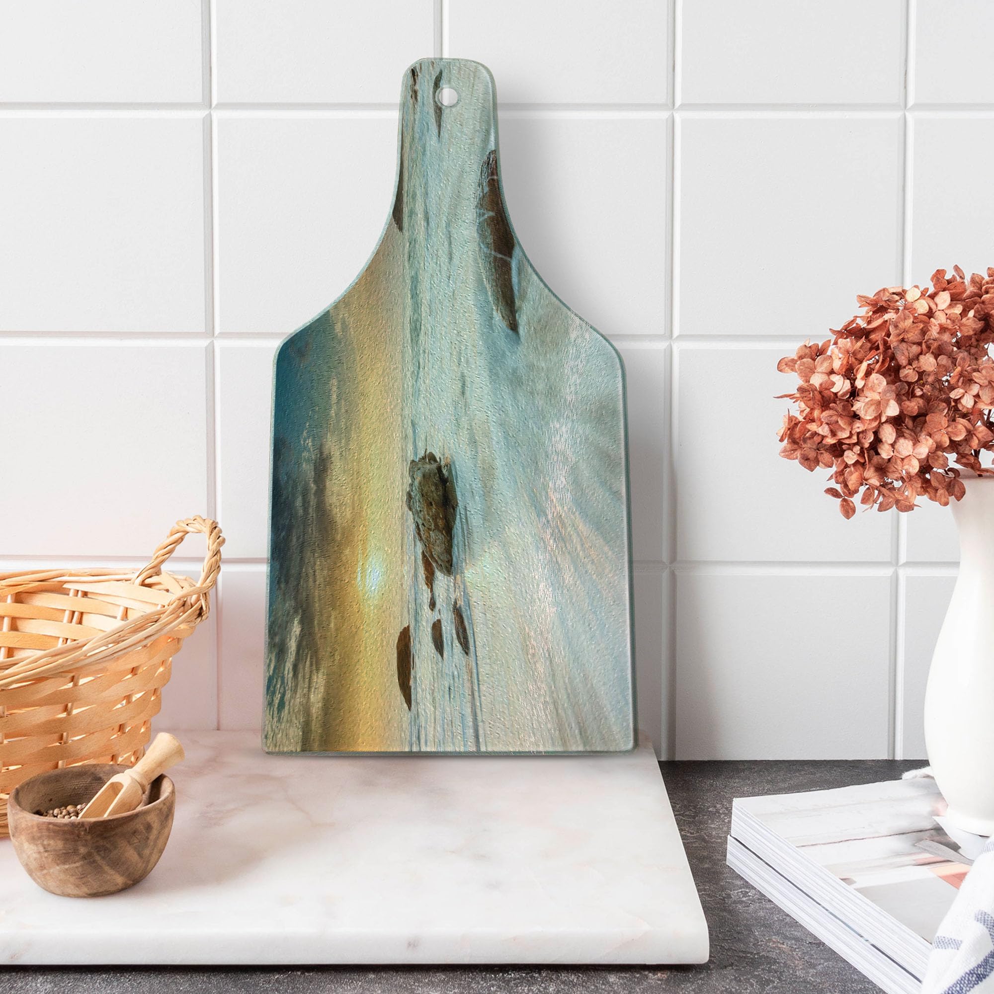 Ambesonne Beach-Themed Tempered Glass Cutting Board - Grand Sea Waves & Horizon Sky Design - Decorative Serving Board for Cheese, Charcuterie & Wine - Cream Blue White - Perfect for Beach Parties, Picnics & Holiday Entertaining