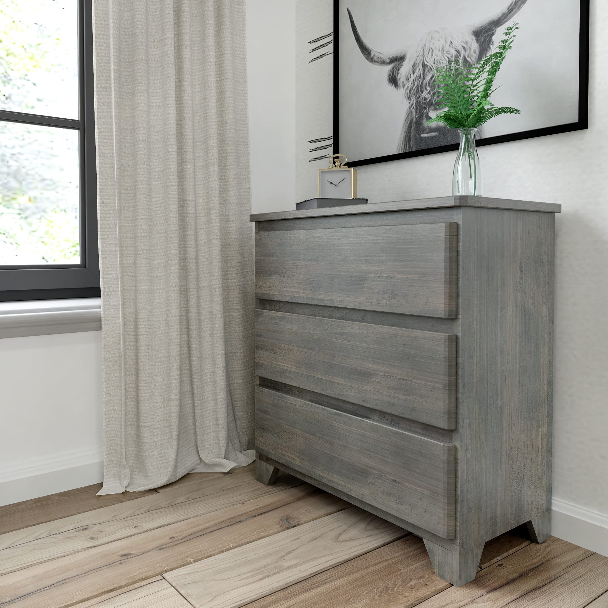 Rustic 3-Drawer Wood Dresser by Plank+Beam - Distressed Driftwood Finish for Bedroom, Living Room & Nursery Storage