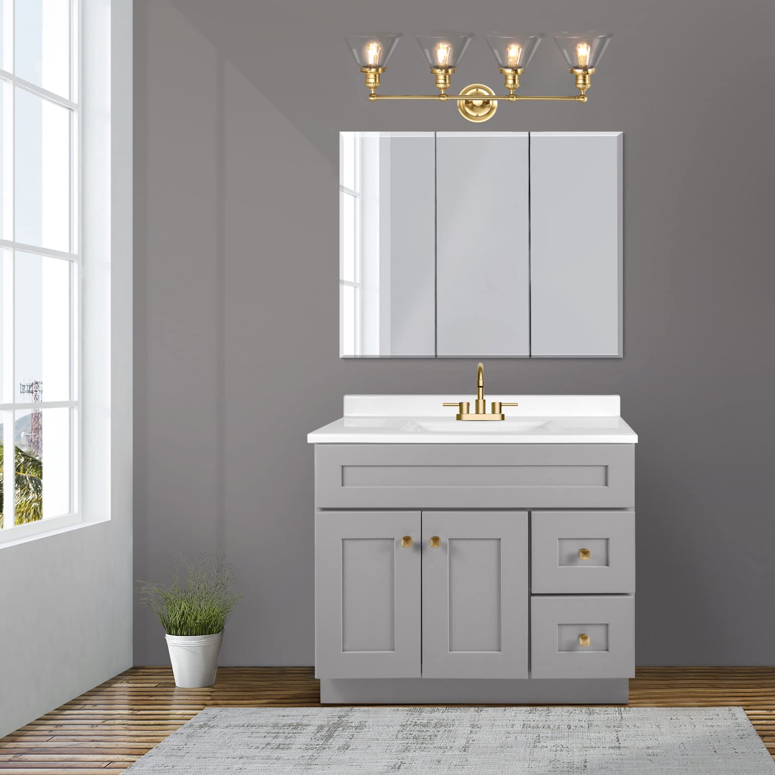 Design House 589044-SG Augustin Transitional 4-Light Dimmable Bathroom Vanity Light Fixture with Clear Seedy Glass Shades - Satin Gold Finish for Mirror Lighting | Perfect for Modern Bathrooms, Powder Rooms & Home Renovations