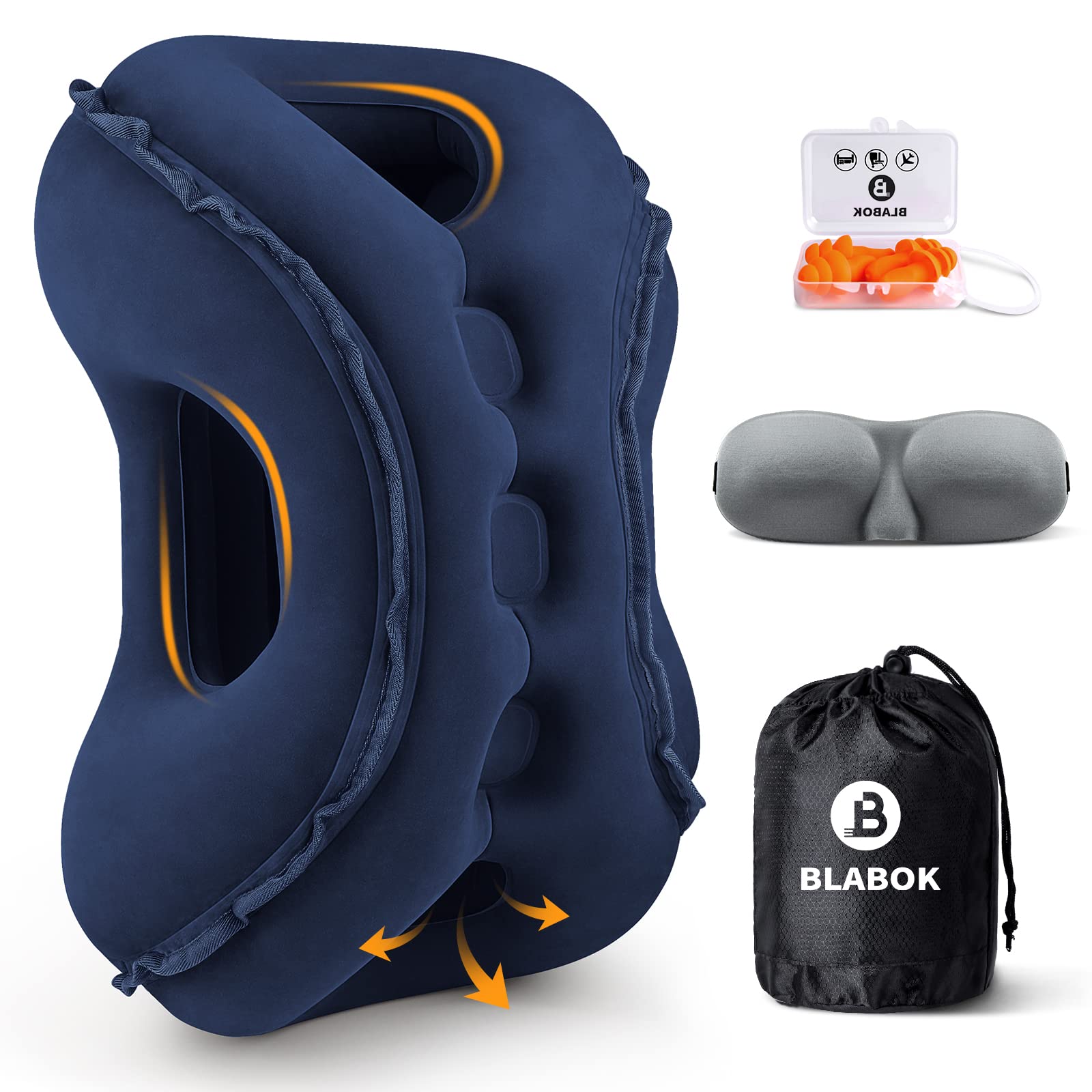 Inflatable Travel Pillow for Airplane - Ergonomic Neck Support Pillow with Eye Mask & Earplugs - Relieves Neck & Shoulder Pain for Comfortable Sleep on Flights, Cars & Home Use - Blue