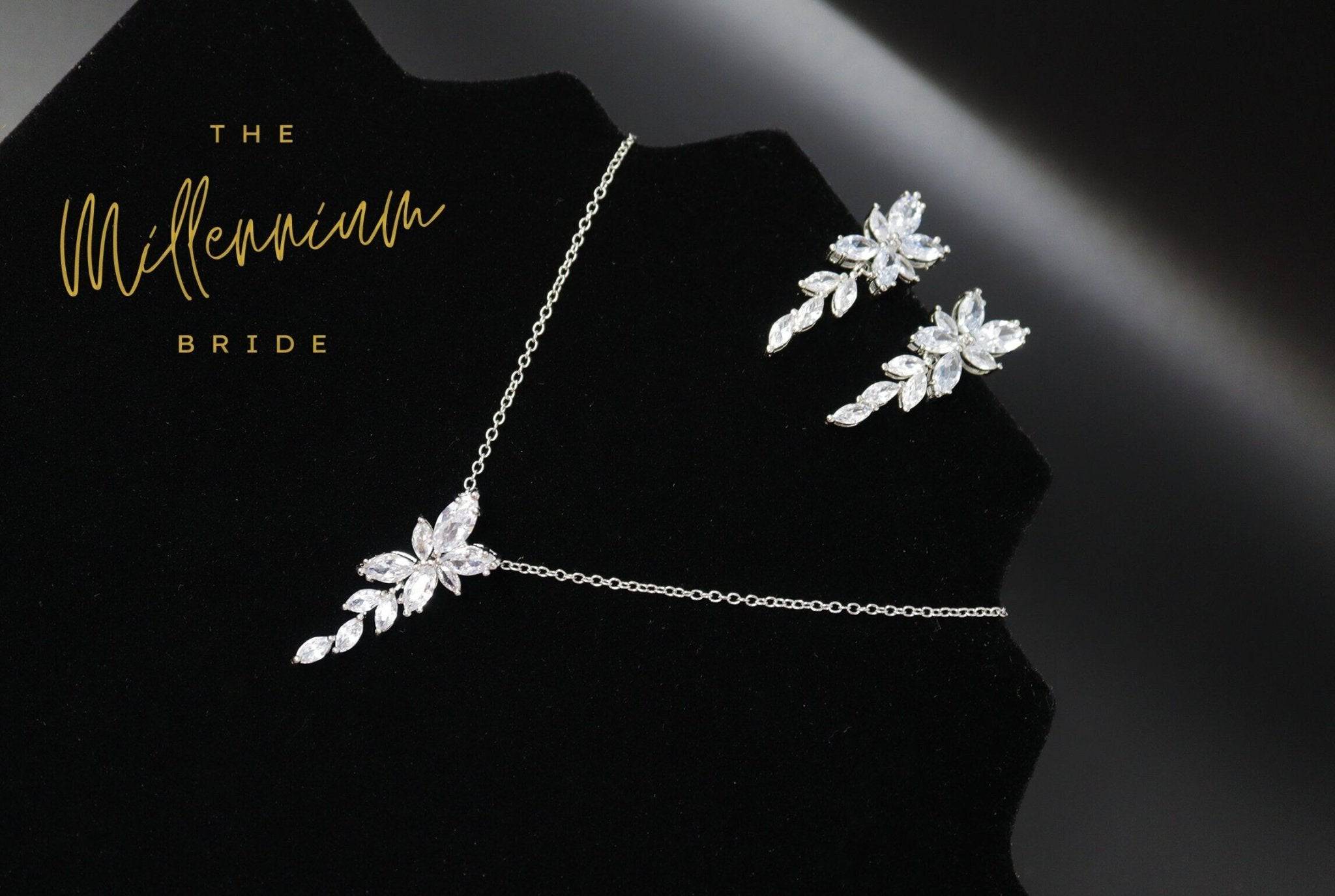 Cubic Zirconia Crystal Leaf Bridal Jewelry Set - Elegant Long Drop Earrings & Necklace for Weddings, Prom, Evening Events | Sparkling CZ Statement Jewelry for Brides & Formal Occasions