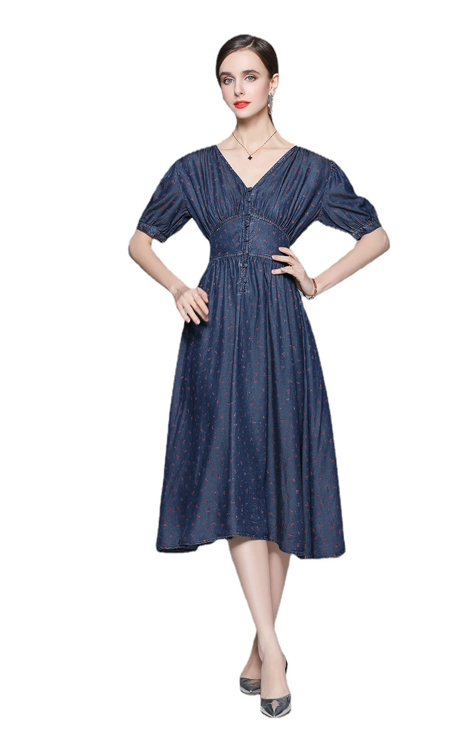 2022 Summer Women's Tencel Denim Dress - Slim Fit Floral Print Waist-Hugging Midi Dress for Casual Outings, Beach Vacations & Date Nights