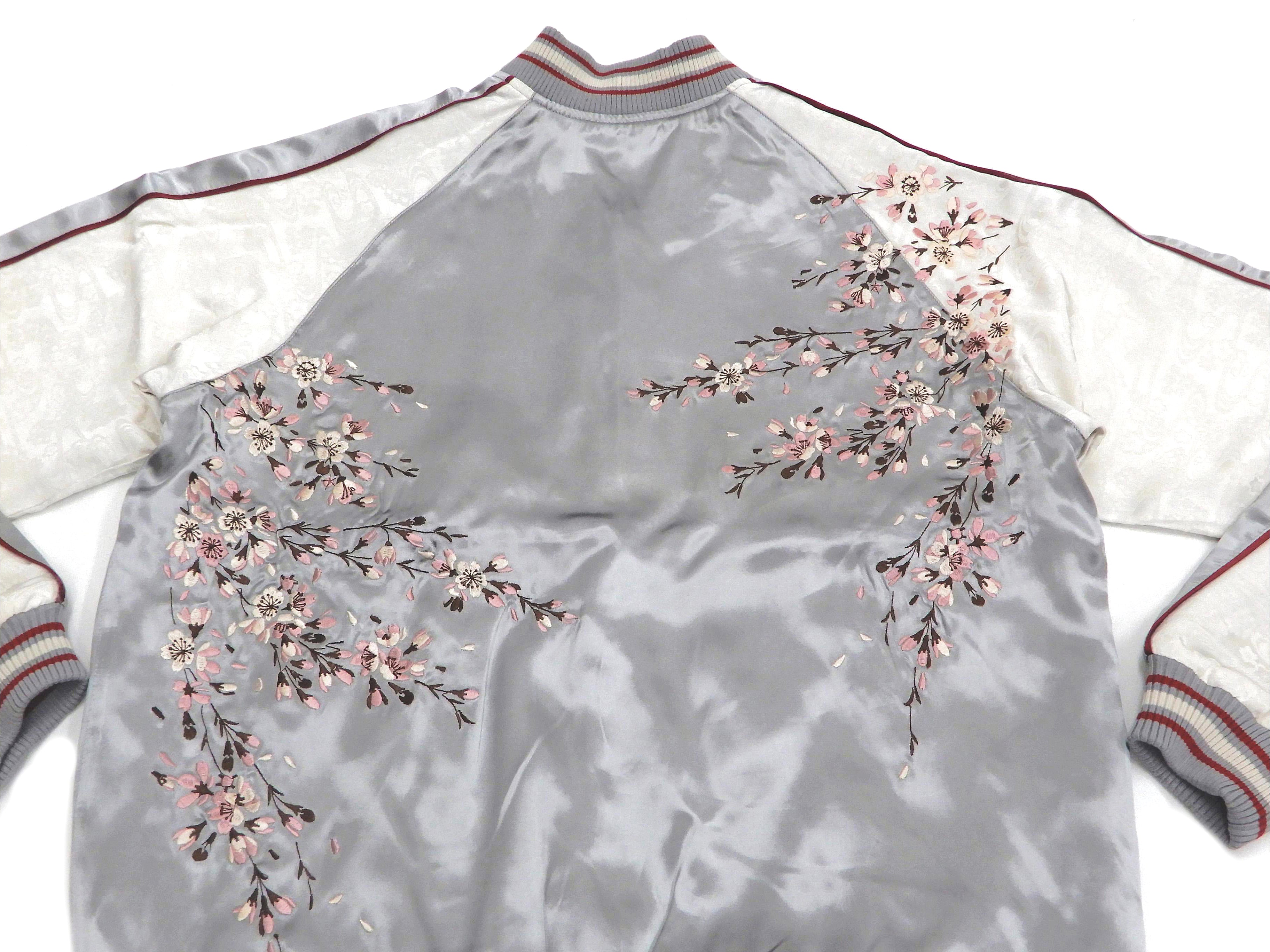 Japanese Sukajan Jacket for Men - Vintage Souvenir Bomber with Weeping Cherry Blossom Design (3RSJ 753 Gray/Off) - Perfect for Streetwear, Cosplay & Retro Fashion