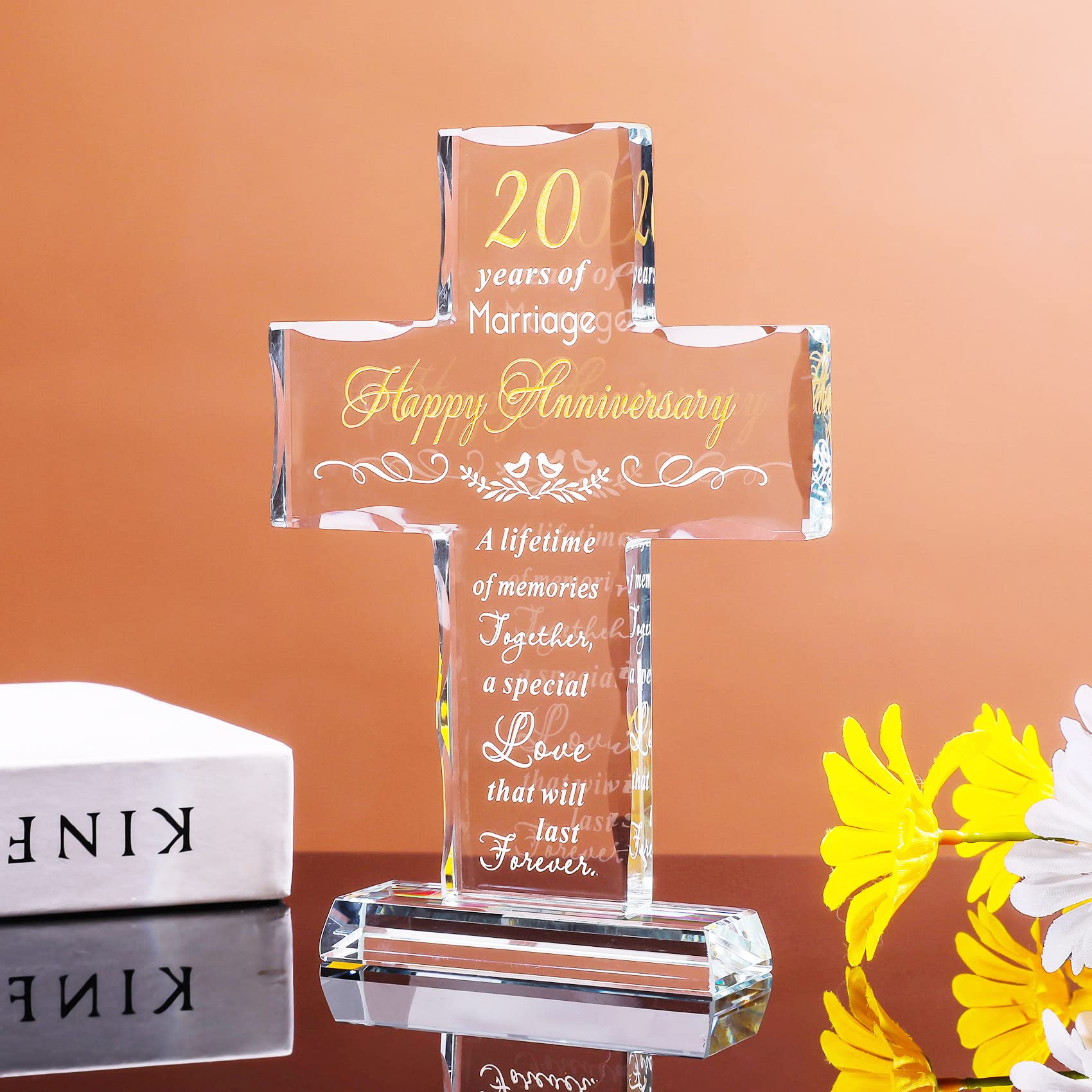 YWHL 20th Anniversary Religious Gifts for Couples - Laser Engraved Glass Standing Cross Keepsake for Him & Her - Thoughtful Christian Wedding Gift for 20th Anniversary - Perfect for Home Decor, Church Altar & Spiritual Celebrations