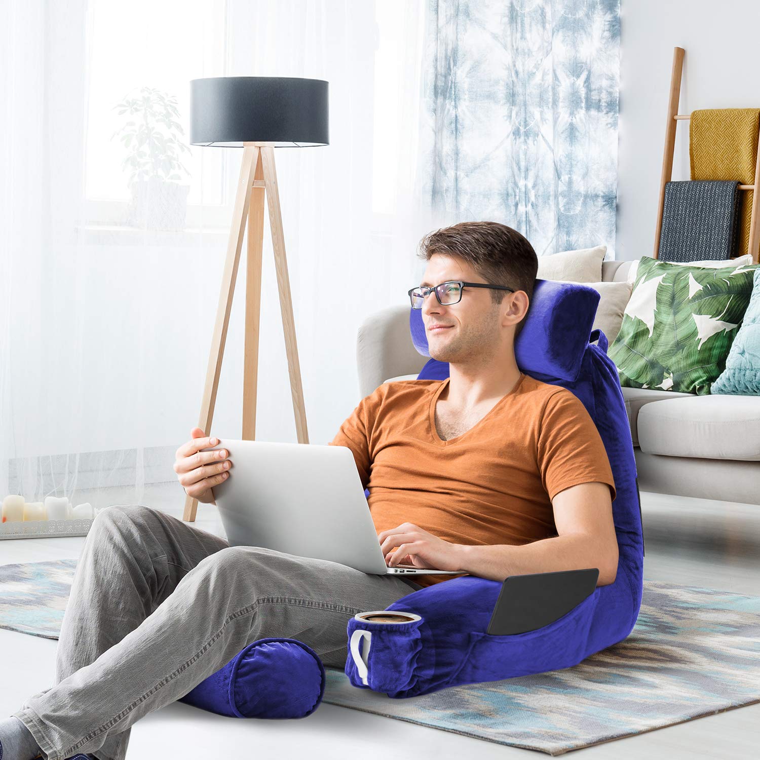 Nestl Large Reading Pillow for Bed - Shredded Memory Foam Back Support Pillow with Pockets | Perfect for Sitting in Bed, Reading, Watching TV & Relaxing | Royal Blue Bed Chair Arm Pillow