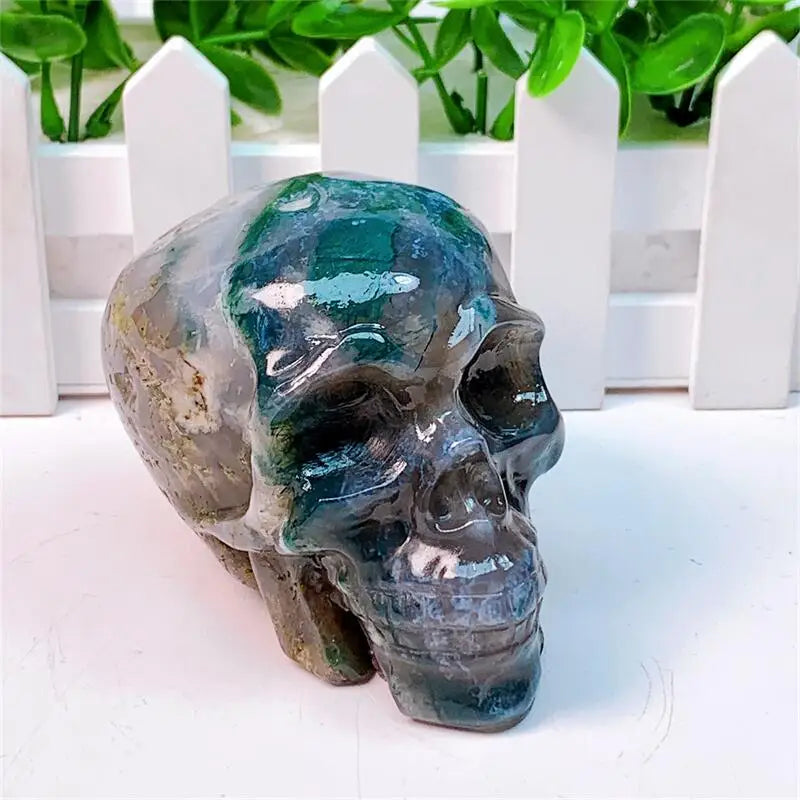 Natural Moss Agate Skull Crystal Carving - Healing Energy Stone for Home Decor, Meditation & Spiritual Gifts | Halloween Decor, Witchcraft Supplies & Reiki Healing Tool (1PC)