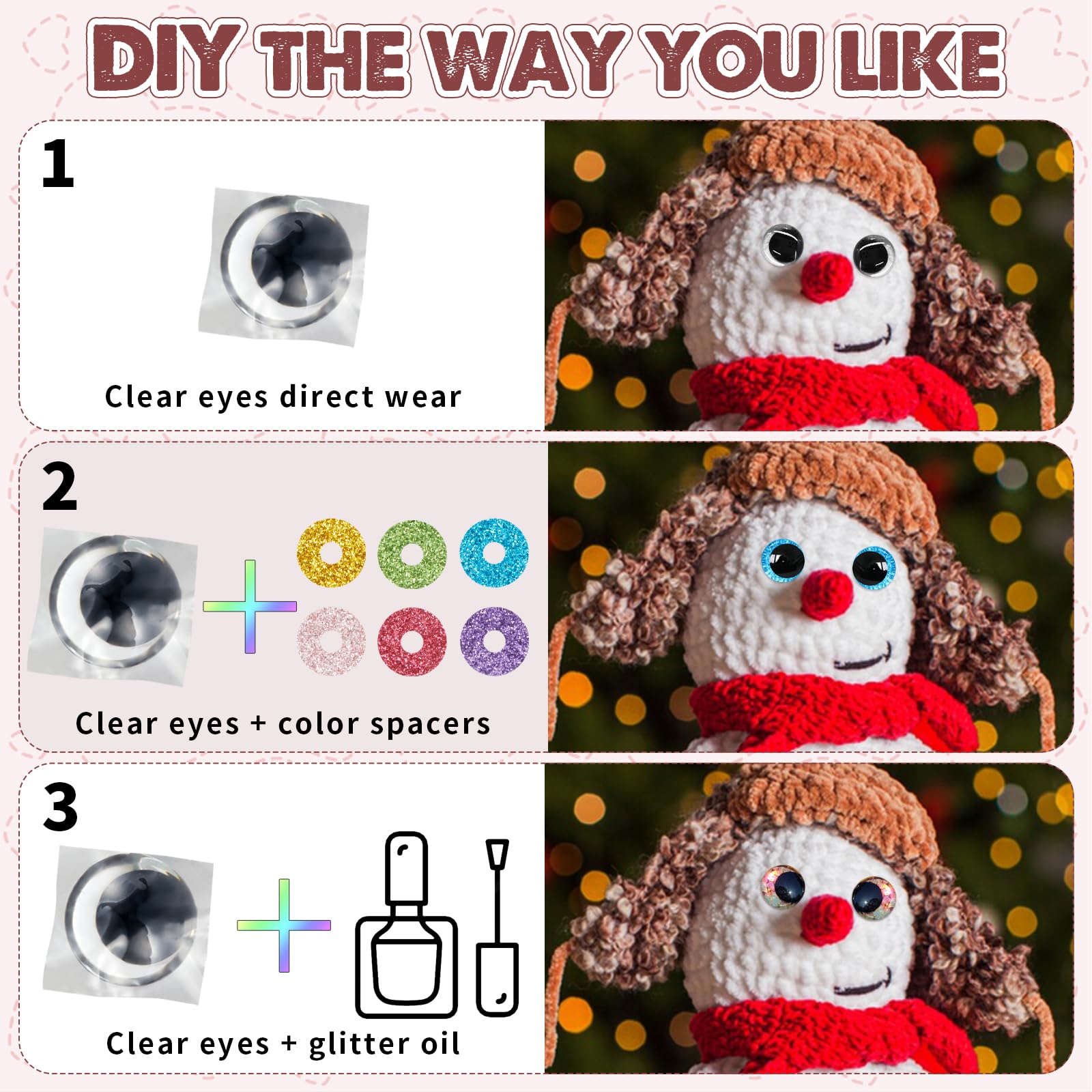 96pcs 25mm 3D Glitter Safety Eyes with Washers for Crocheting - Moon Shaped Amigurumi Doll Eyes for Crochet Animals, Stuffed Toys & DIY Crafts - Perfect Gift for Crochet Lovers (Use for Handmade Plushies, Amigurumi Projects & Craft Decorations)
