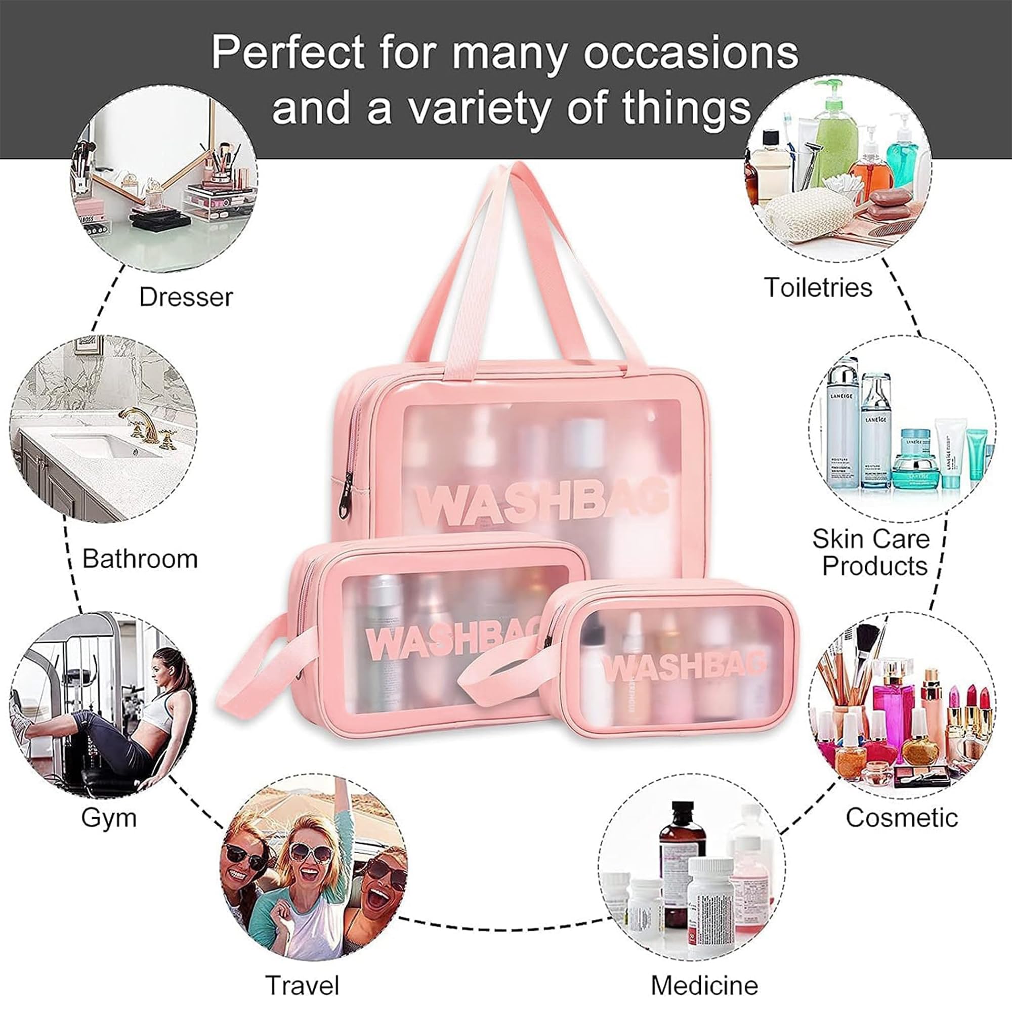 INKMILAN 3-Piece Travel Makeup Bag Set - Small, Medium & Large Cosmetic Organizer Pouch for Women, Pink | Perfect for Toiletries, Brushes & Beauty Accessories | Ideal for Travel, Gym & Daily Use