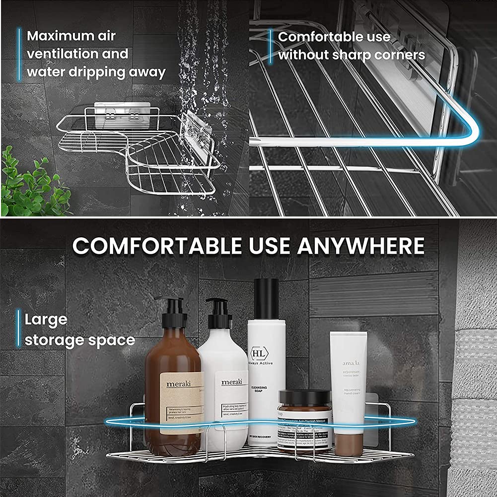 Stainless Steel Adhesive Shower Organizer - Drill-Free Bathroom Corner Shelf with Hooks, Rustproof & Waterproof Shower Caddy Basket for Shampoo & Toiletries - Perfect for Small Bathrooms, Apartments & Rented Spaces