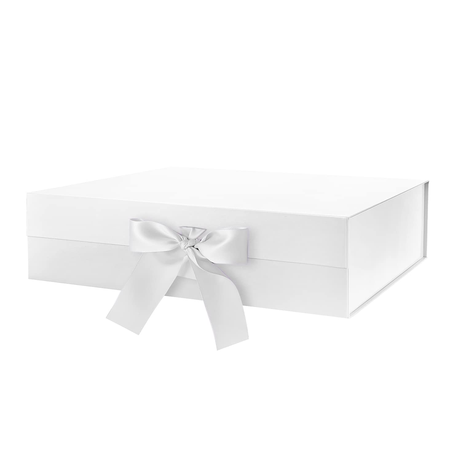 Premium White Magnetic Gift Box with Ribbon - 13x9.7x3.4 Inches Large Luxury Present Box with Lid - Bridesmaid Proposal Gift Box, Wedding Party Favors, Birthday & Anniversary Present Packaging (Glossy White)