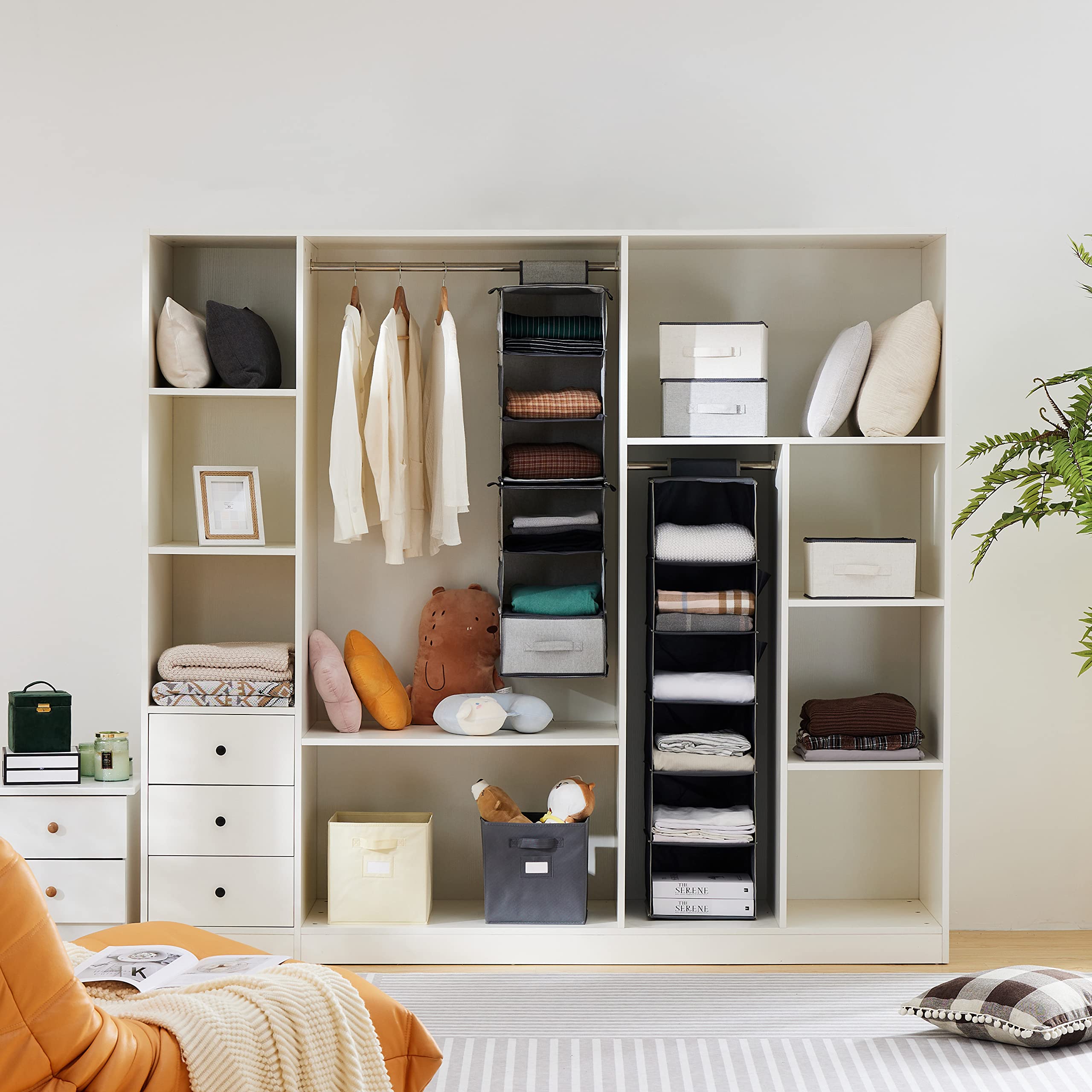 2-Pack Gray Hanging Closet Organizer with 3 Adjustable Shelves - Space Saving Storage for Closet, Dorm, RV, Apartment & Small Spaces - Foldable Shelves for Clothes, Shoes & Accessories Organization