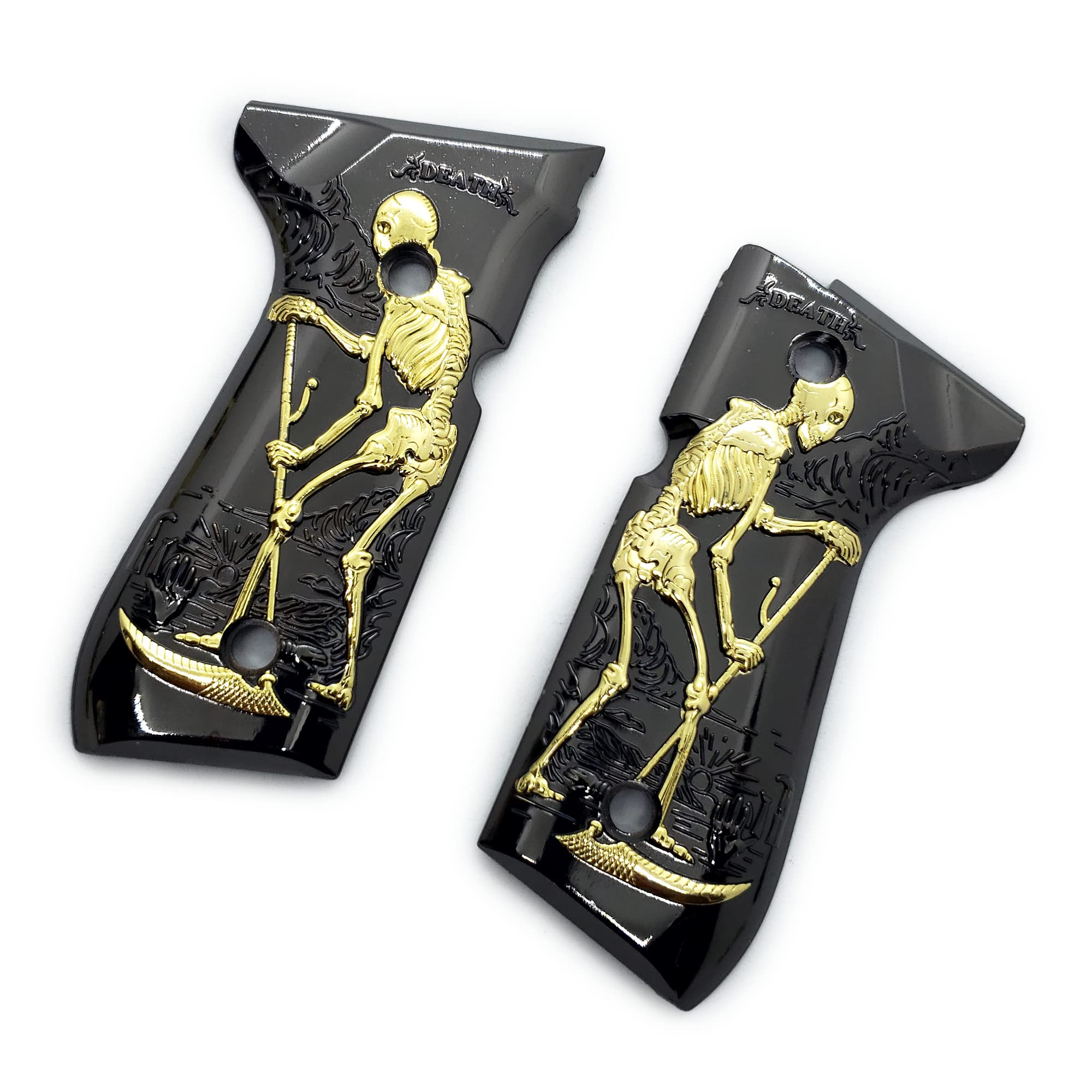 Premium Metal Beretta 92/96 Full Size Grips - Compatible with 92FS, M9, 92A1, 96A1 & INOX Models - Slim Fit Replacement Grips with Black Gold Plated Tarot Death Design - Perfect for Shooting Range, Competition & Tactical Use