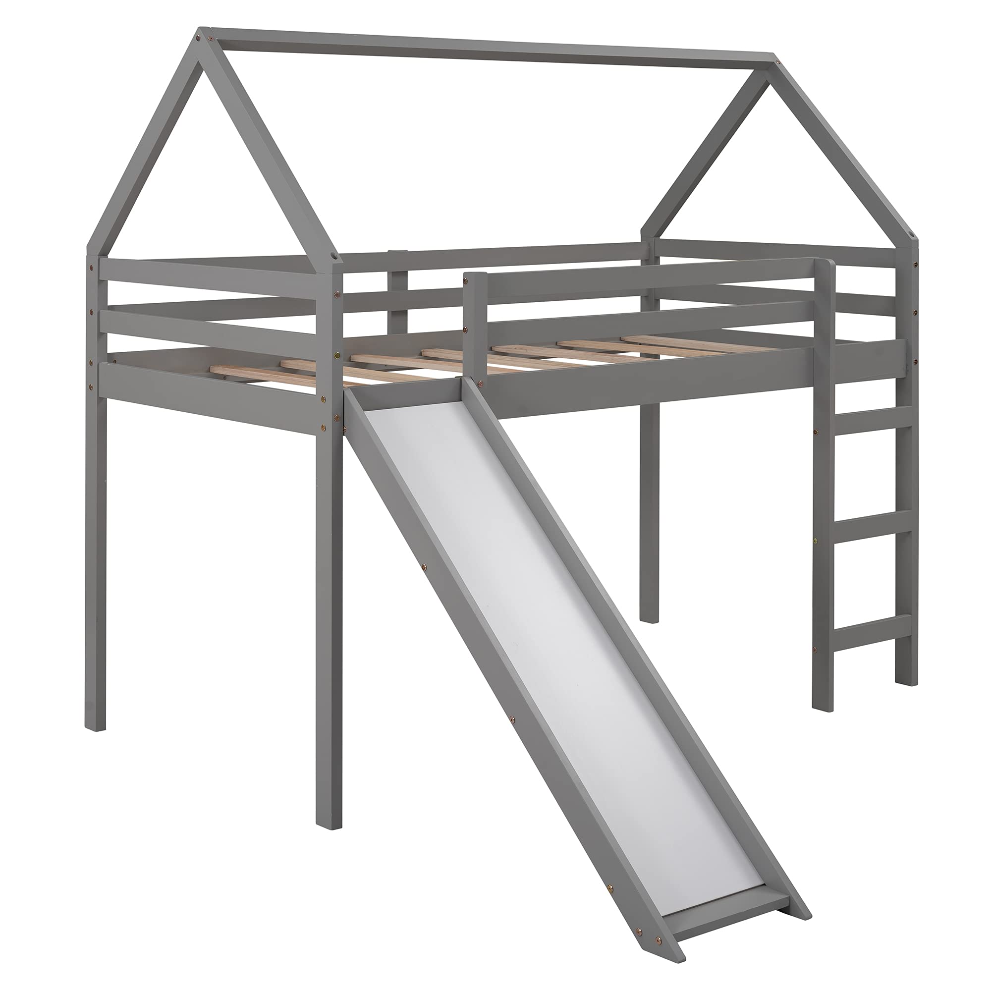 Twin Size Loft Bed with Slide - Kids House Bed with Roof & Ladder, Space-Saving Wooden Bed Frame, No Box Spring Needed (Gray) - Perfect for Small Bedrooms, Playrooms & Kids' Sleepovers