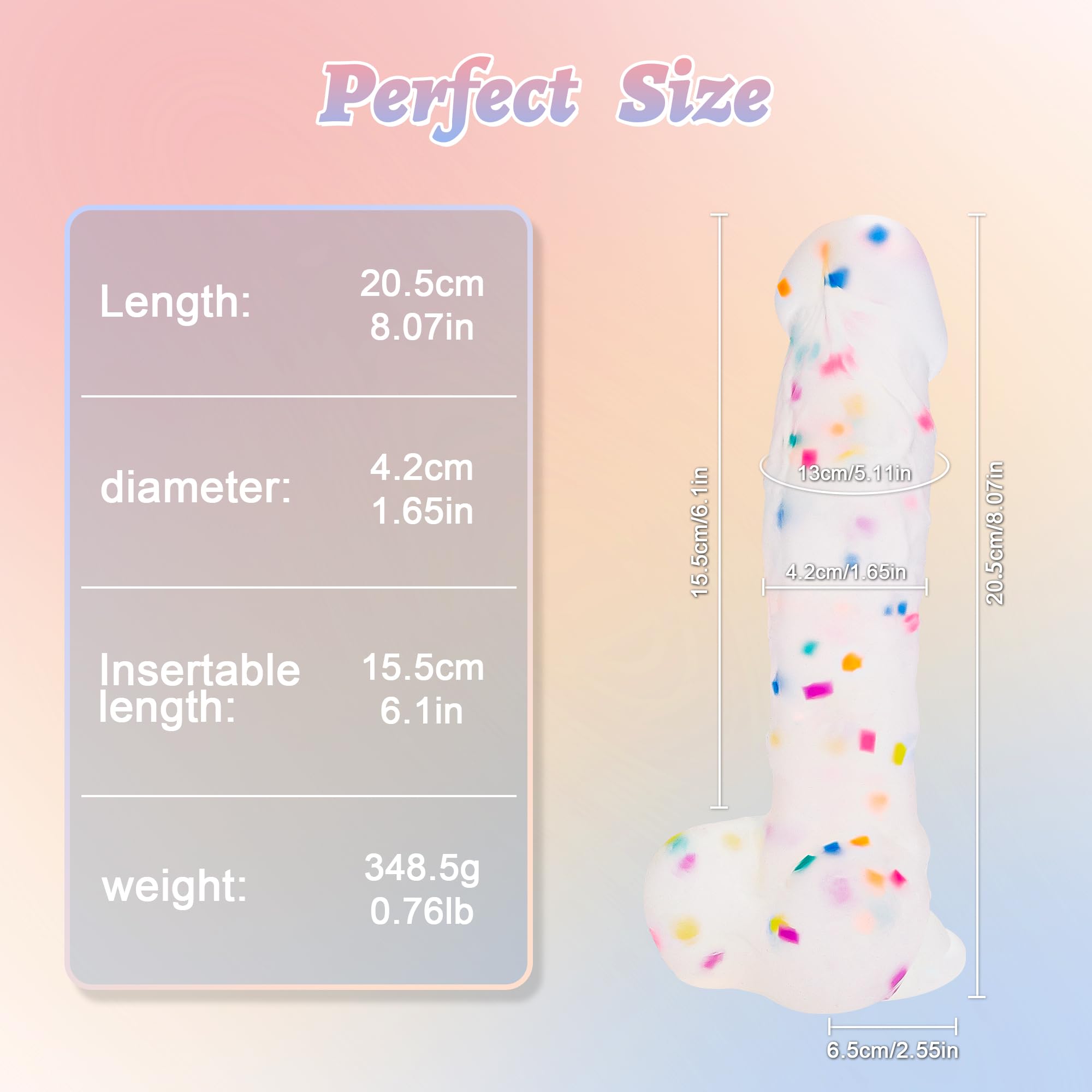 8 Inch Realistic Confetti Silicone Dildo with Strong Suction Cup - Beginner Friendly G-Spot & Anal Sex Toy for Women & Couples - Hands-Free Play, Shower Use & Bedroom Fun