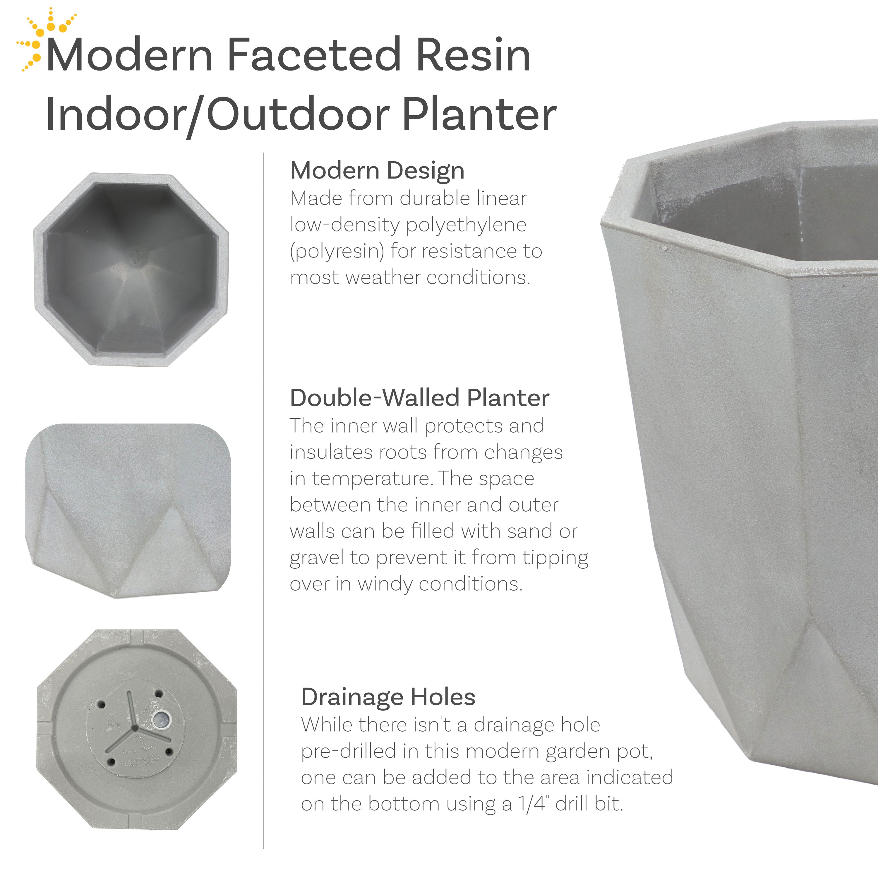 Modern Faceted Polyresin Planter - Light Gray Indoor/Outdoor Flower Pot - 14.75 Inch Decorative Garden Planter for Home, Patio, and Office Decor