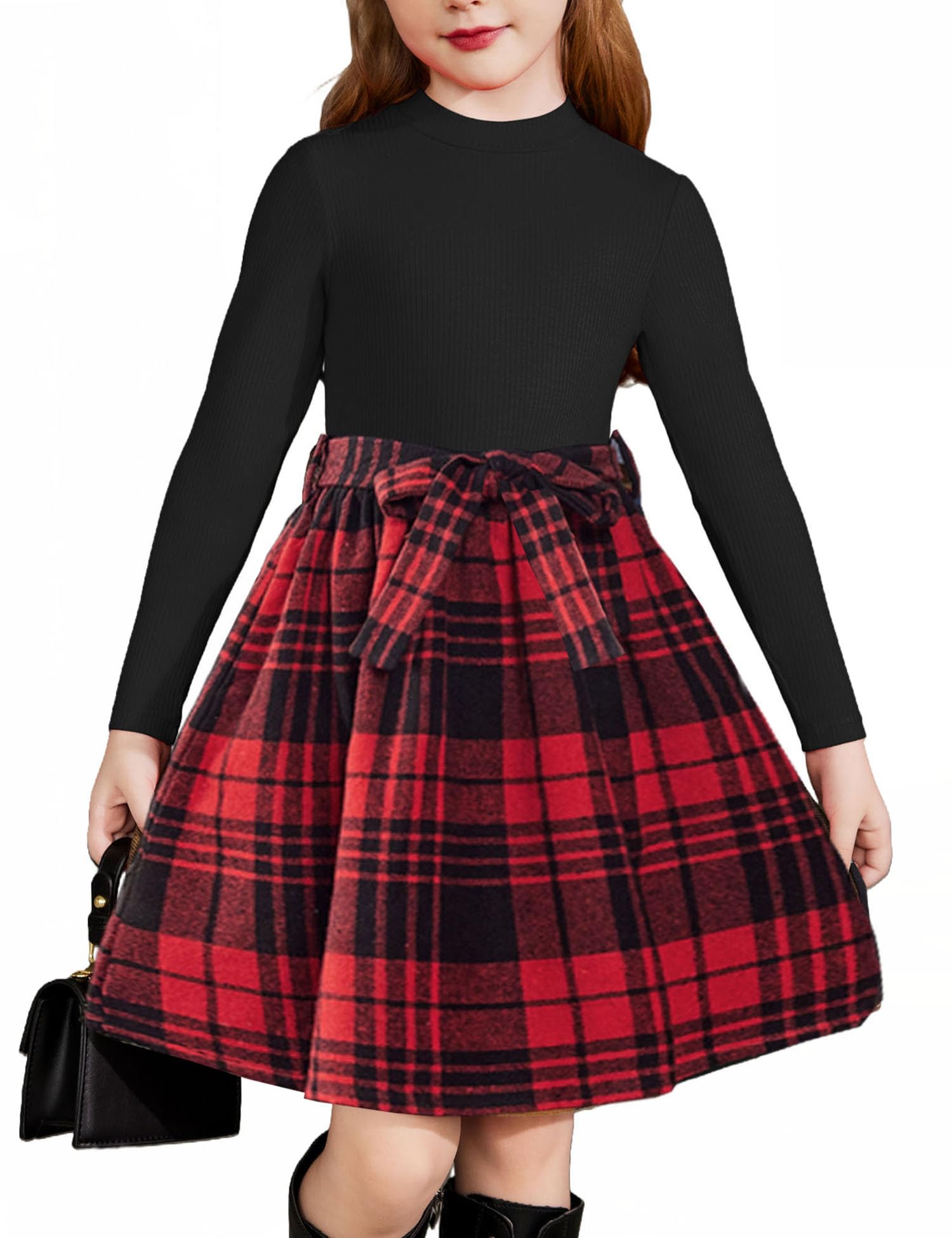 Arshiner Girls Long Sleeve Rib Knit Plaid Patchwork Belted Dress with Pockets - Cute Casual & Party Wear for Toddler and Kids (Ages 3-10) | Perfect for School, Holidays and Special Occasions