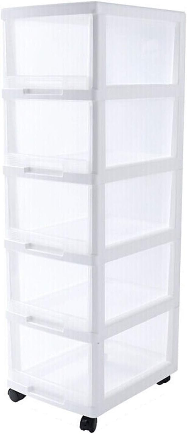5-Tier Rolling Plastic Storage Cabinet with Wheels - White Transparent Organizer for Toys, Clothes & Home Organization - Perfect for Bedroom, Playroom & Garage