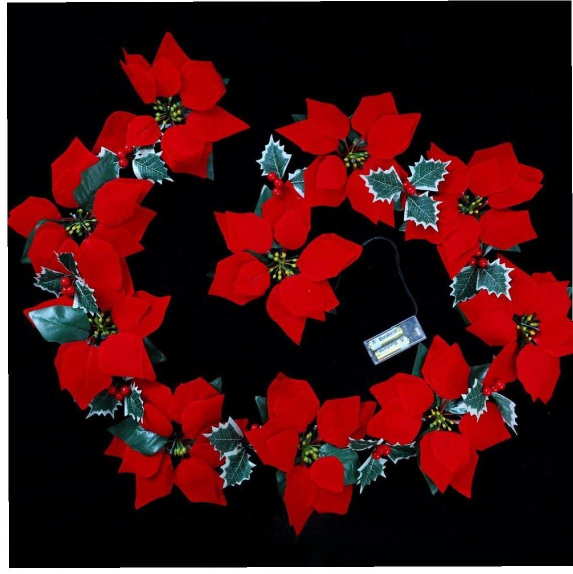 Zonster Christmas Artificial Flowers Garland - Battery Operated LED Poinsettia Garland with 10 Lights, Holly Leaves for Holiday Home Decor, Tree, Mantel, and Fireplace Decoration